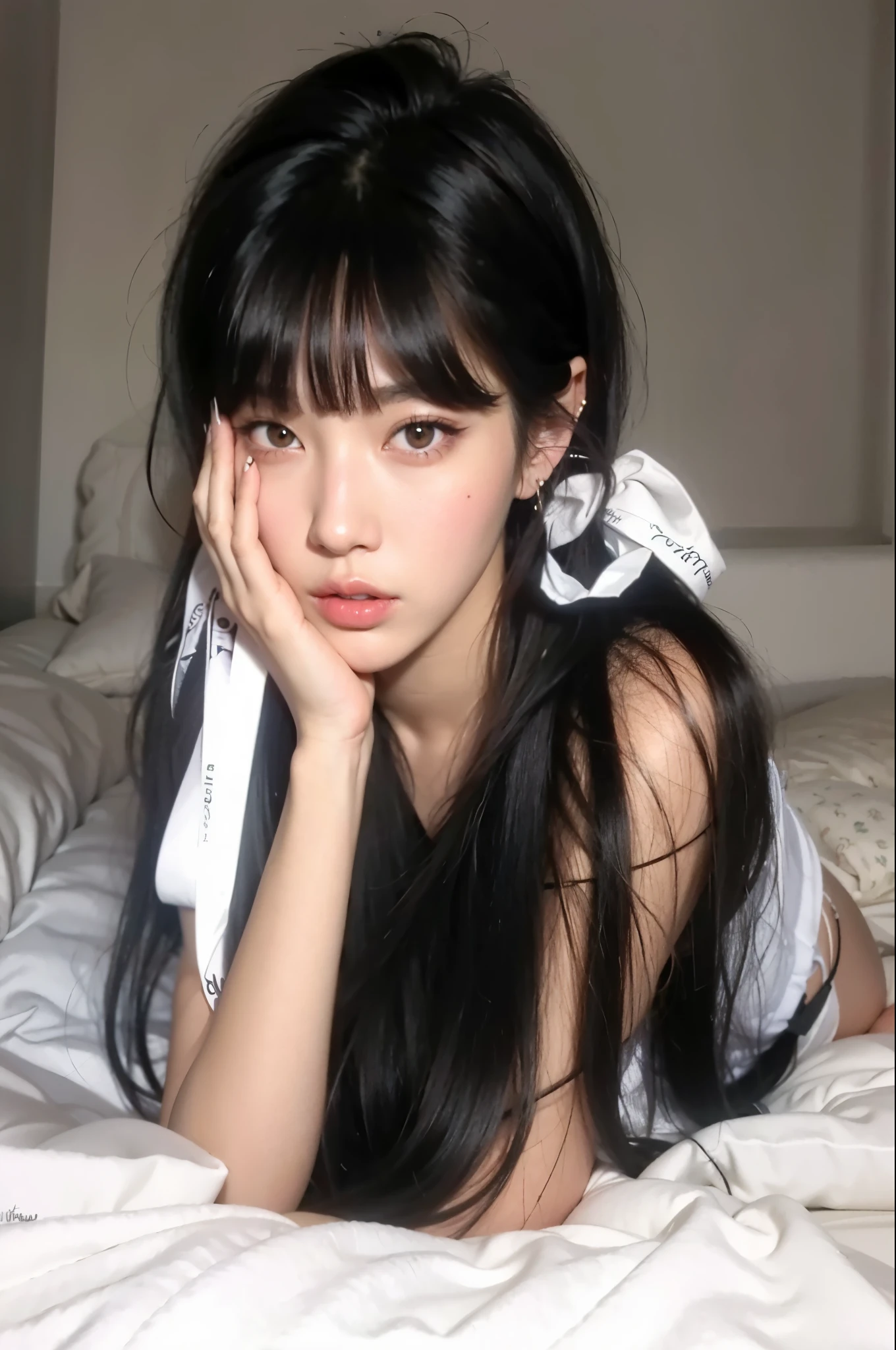 Mujer arafed acostada en una cama con un control remoto en la mano, pelo negro y ojos grandes, con coletas negras, con pelo largo y ojos penetrantes, ojos grandes y cabello largo y suelto, ulzzang, chica anime en la vida real, ella tiene el pelo negro con flequillo, pelo largo y negro con flequillo, Chica tailandesa anime, muchacha coreana, muy hermosa linda catgirl, blackpink jennie