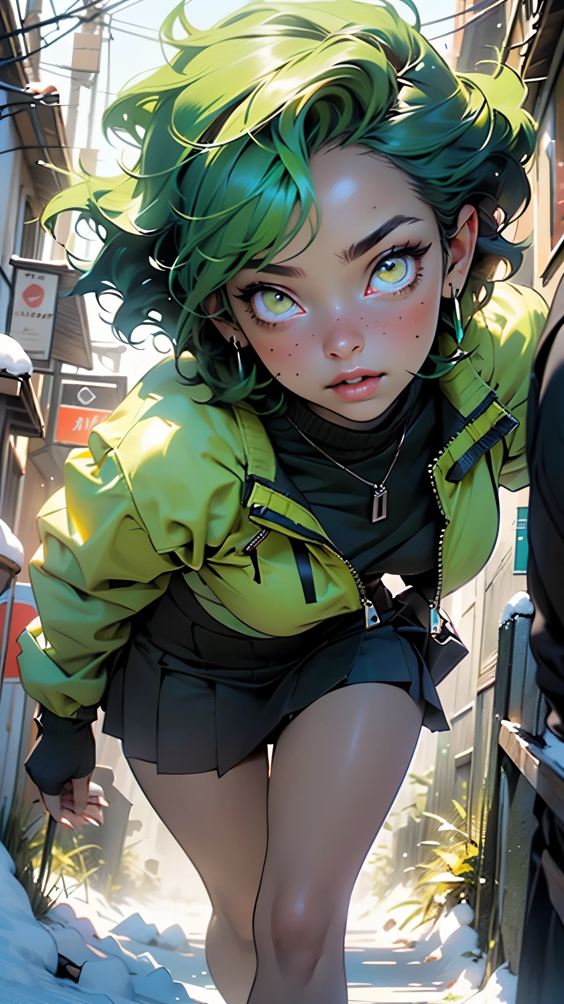 girl,1girl,((extremely cute and beautiful green haired girl)),(((************))),(large breasts:1.2),((((green hair:1.35,(disheed hair),bright green hair,short hair,iridescent colors turquoise and green glowing colors,colored inner hair)))),((yellow_eyes:1.5)),glowing eyes,intricate eyes,beautiful detailed eyes,symmetrical eyes,Big eyes:1.5,((fat)),(((lustrous skin:1.5,bright skin: 1.5,skin tanned,shiny skin,very shiny skin,shiny body,plastic glitter skin,exaggerated shiny skin,illuminated skin))),(spider lower abdomen,narrow waist,wide hip,athletic body,inflated legs,thick thighs,detailed body,(detailed face)),

cute,slutty,seductive,erotic,(nsfw),

wearing green winter clothes,(green Santa Clothes:1.3),girl wearing ((green fleece snowcoat)) and fair isle patterned sweater in Petrina Hicks style,(Fashionable clothing:1.1),((schoolgirls)),Fashion Model,green and aquamarine,fair isle pattern,(modern nordic,urban sporty),textured surfaces,(((intricate outfit,intricate clothes))),

(dynamic pose:1.0),drinking hot chocolate,(centered,scale to fit dimensions,Rule of thirds),

((snowy pine forest)),winter,scenery:1.25,((intricate scenery)),((snow forest background)),

(Glossy winter ornaments),highres,sharp focus,(ultra detailed,extremely detailed),(photorealistic artwork:1.37),(extremely detailed CG unity 8k wallpaper),(((vibrant colors,vibrant theme))),(intricate),(masterpiece),(best quality),artistic photography,(photography taken by sldr),(intricate background),perfect rendered face,perfect face details,realistic face,photo realistic,analog style,((intricate detail)),(((realism))),
