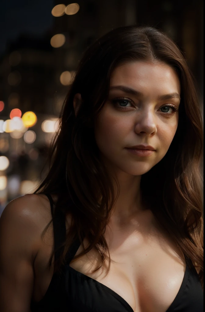 photography of a stunning Natalie Dormer, in the city at night, wearing a black leathr top, enjoying, girl, summer, hot girl, (((very heavy bust))), brunette hair, long_hair, looks into the camera, symmetrical face, photorealistic, photography, spectacular lighting, gorgeous, cleavage, western, (masterpice), best quality, high resolution, extremely detailed, skin with pores, blurred background, depth of field, cinematic lighting