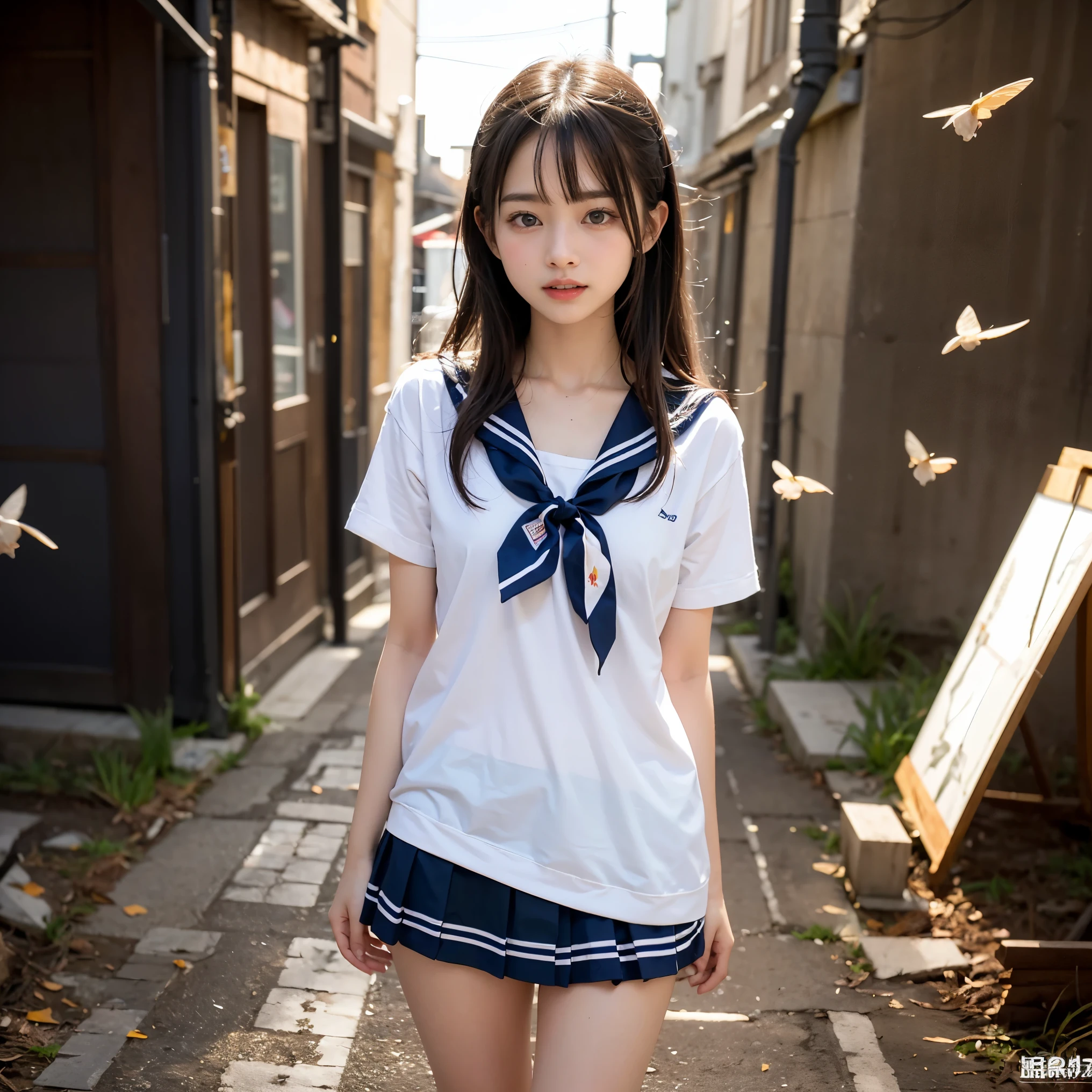sailor suit、embarrassing、one beautiful woman、detailed face、fine hands、fine legs、(debris flies, highest quality:1.2), 8K, official art, chest、cute、I can see your panties、tug on skirt、 planet, trending on cgstation, 太陽系外planet, official art, mar planet,  Sakimi-chan, Five Fingers Photos&#39;body of, Full body Esbian、sailor suitの美しさ、cool look、 (masterpiece) (highest quality) (become familiar with) (8K) (movie lighting) (sharp focus) (complicated)black hair、、小さいchest、laughter、incredibly stupid, (beautiful girl, cute face, turn back, gold ornaments in hair、naked、chestのクローズアップ, gardenia, Viola family, space , looking at the viewer, film grain, chromatic aberration, オッパイsharp focus, face light, dynamic lighting, cinematic lighting, become familiar withな目と顔, (cute tie、1 part:1.2)
