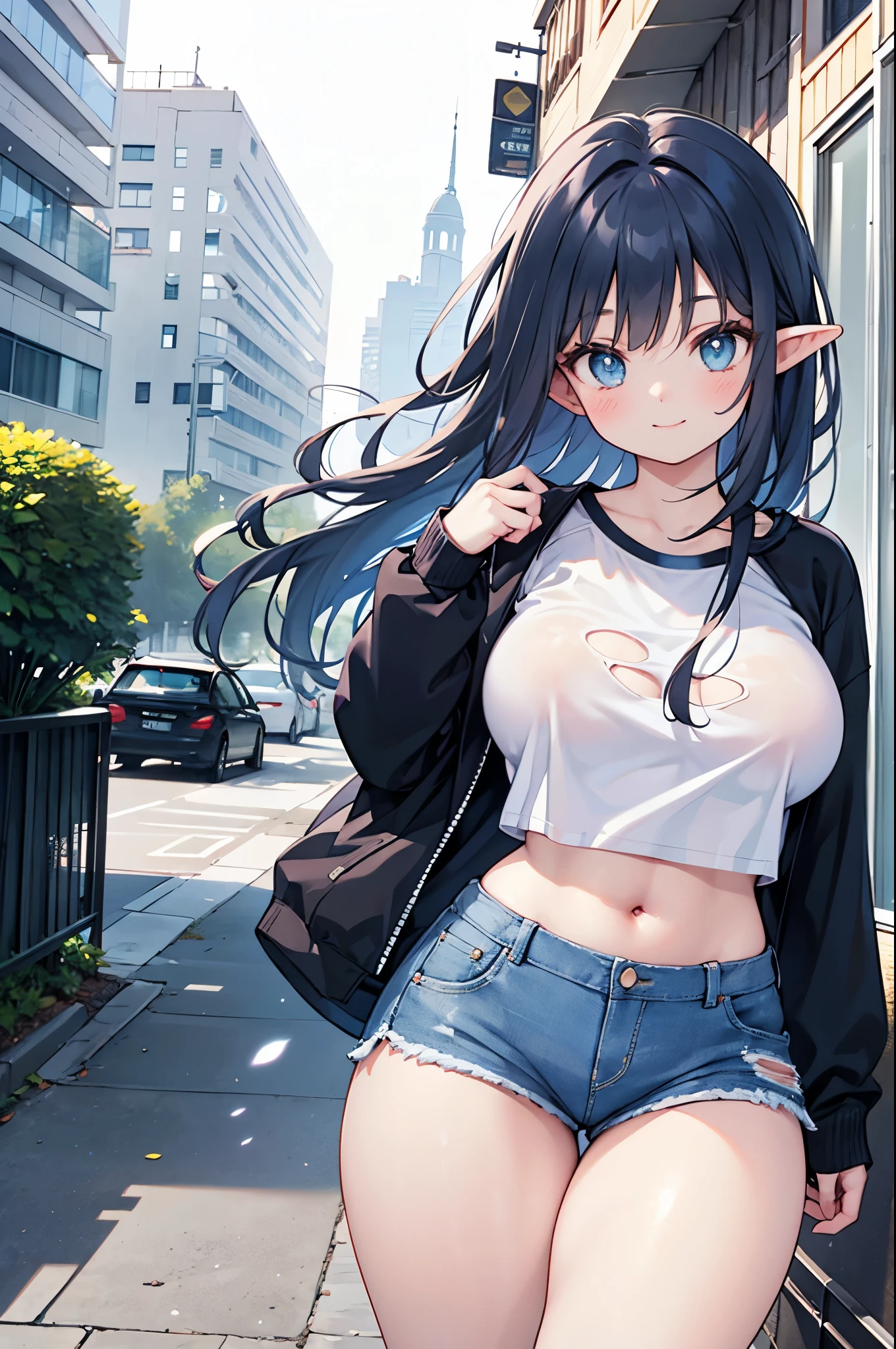 realistic image, coherent image, detailed image, 1 beautiful elf, She has long dark blue hair, long eyelashes. Greenish blue eyes. Her face is oval and delicate, smiling. She is wearing a long-sleeved t-shirt, showing her navel, ripped shorts, and sneakers. She has a curvy body, medium breasts, thick thighs, urban background, surrounded by buildings, natural lighting, volumetric lighting,