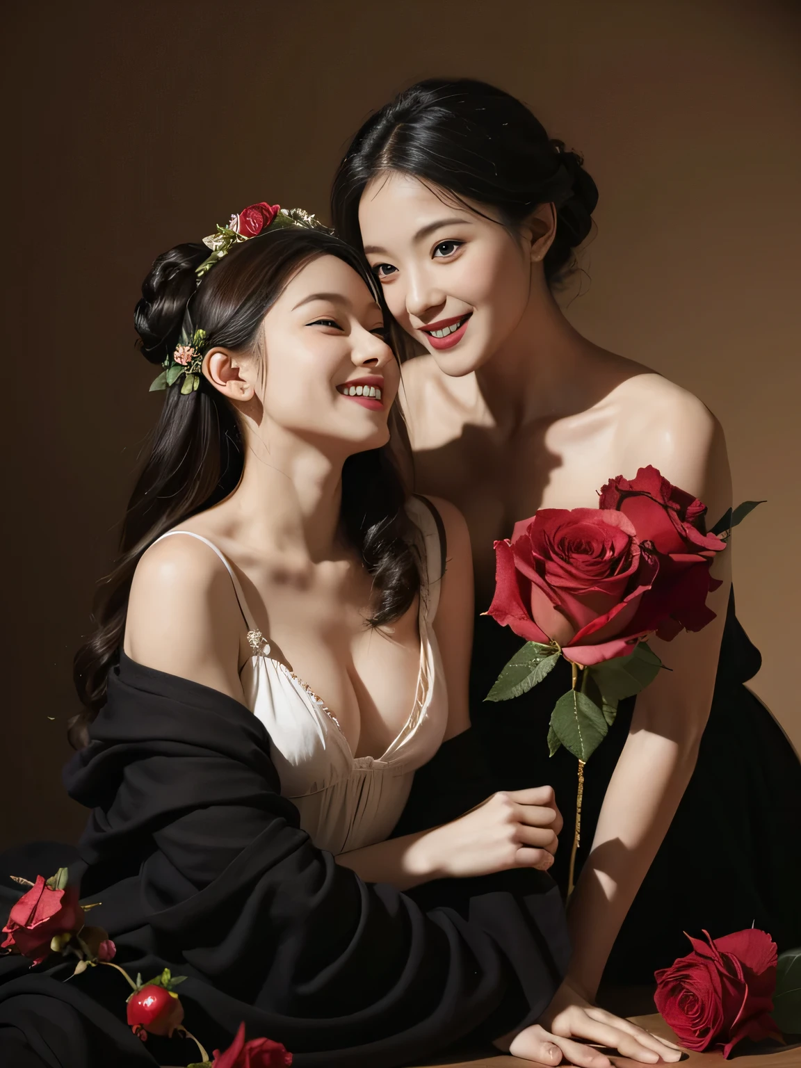 full body portrait ,fruit,Rose ,flower,rosa,antique,laughter,,sweet and enchanting appearance.、caravaggio painting、Caravaggio&#39;s Chiaroscuro,two women having fun,cute smile, expression of ecstasy