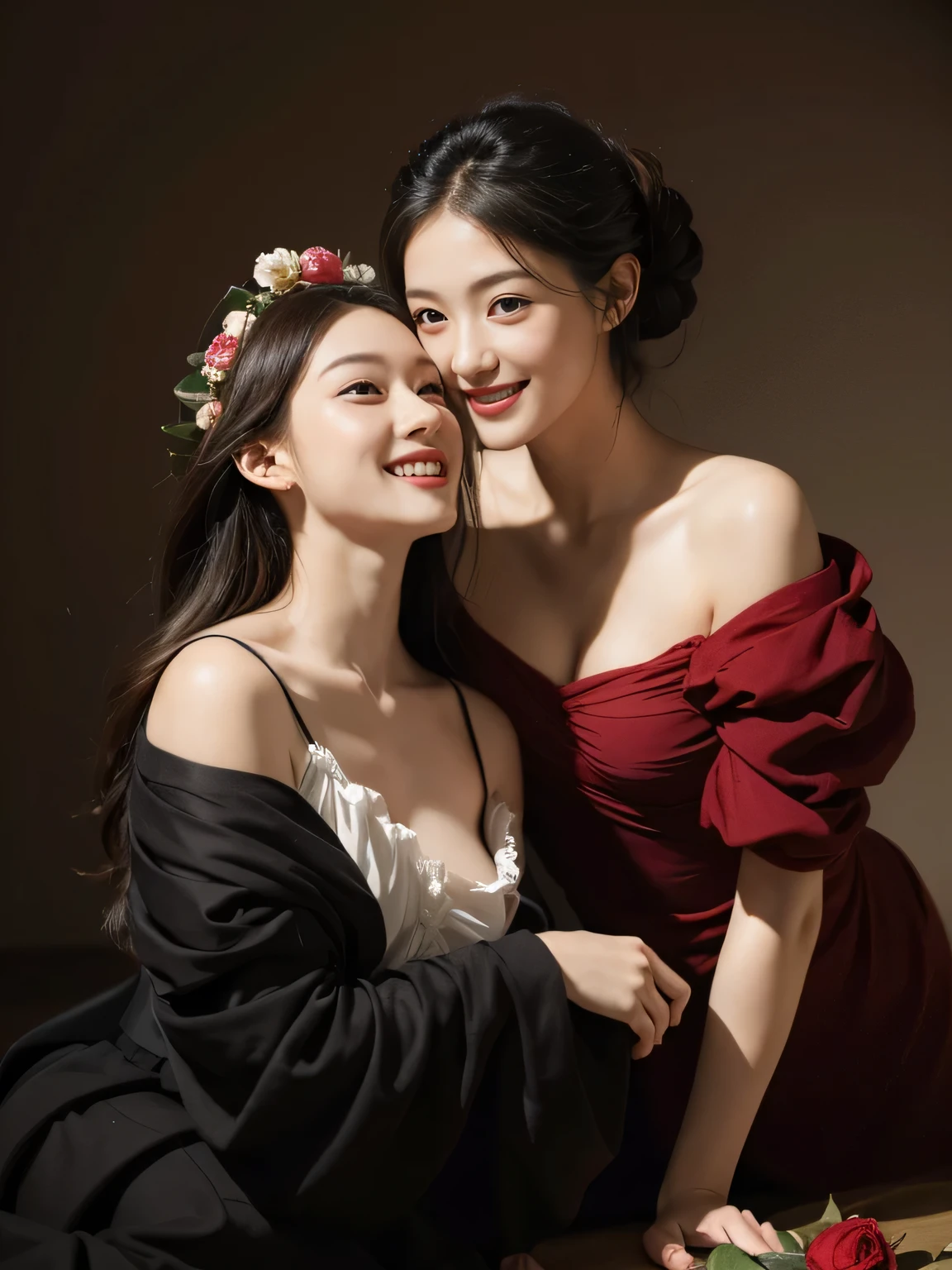full body portrait ,fruit,Rose ,flower,rosa,antique,laughter,,sweet and enchanting appearance.、caravaggio painting、Caravaggio's Chiaroscuro,two women having fun,cute smile, expression of ecstasy