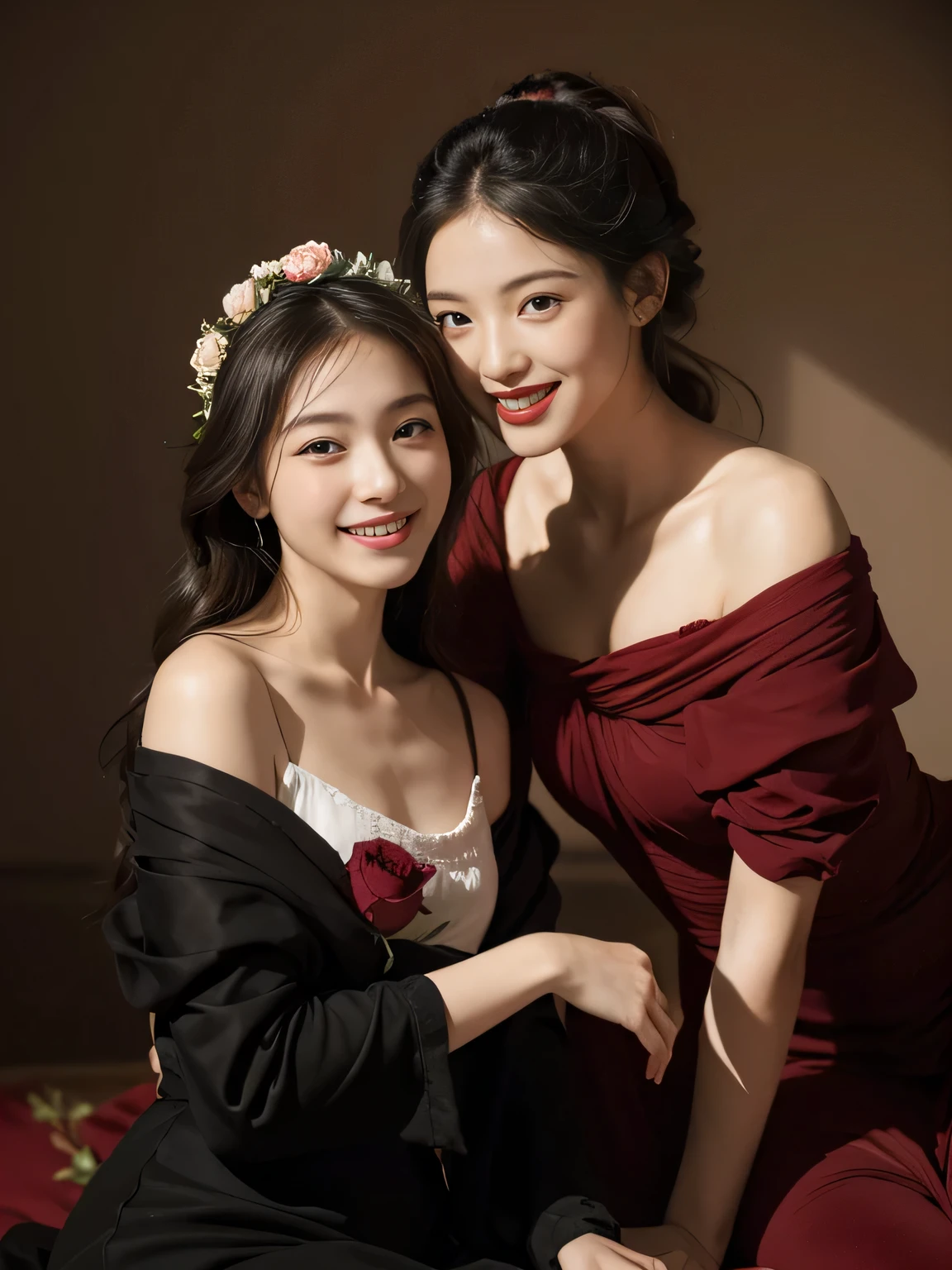 full body portrait ,fruit,Rose ,flower,rosa,antique,laughter,,sweet and enchanting appearance.、caravaggio painting、Caravaggio's Chiaroscuro,two women having fun,cute smile, expression of ecstasy