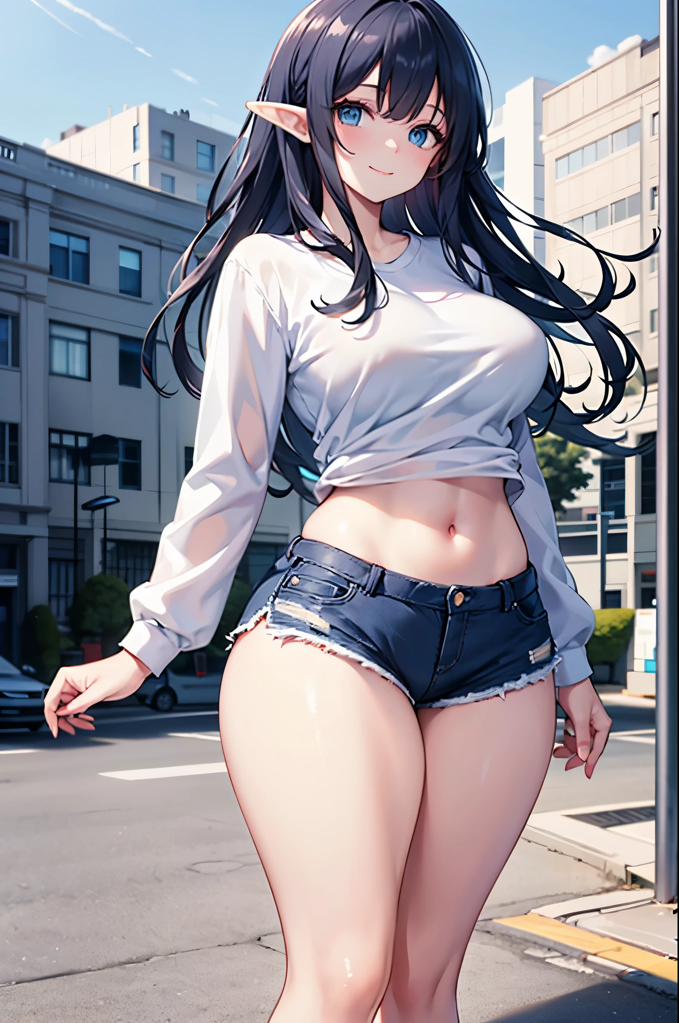 realistic image, coherent image, detailed image, 1 beautiful elf, She has long dark blue hair, long eyelashes. Greenish blue eyes. Her face is oval and delicate, smiling. She is wearing a long-sleeved t-shirt, showing her navel, ripped shorts, and sneakers. She has a curvy body, medium breasts, thick thighs, urban background, surrounded by buildings, natural lighting, volumetric lighting,