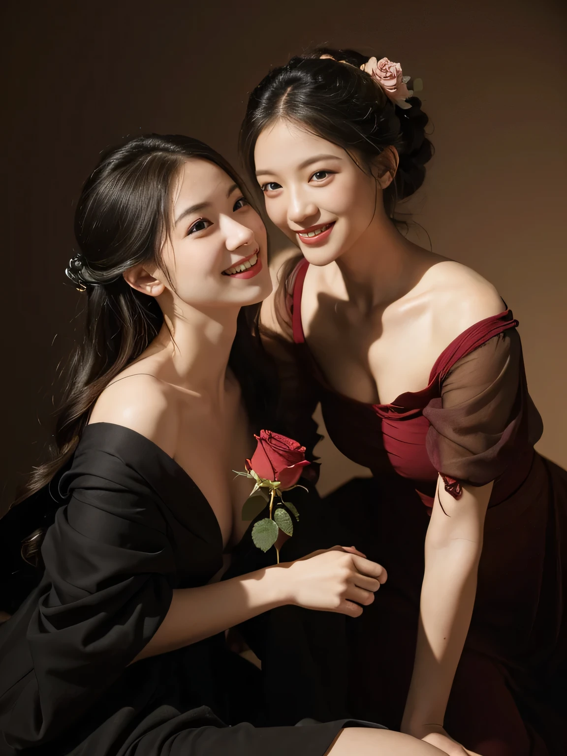 full body portrait ,fruit,Rose ,flower,rosa,antique,laughter,,sweet and enchanting appearance.、caravaggio painting、Caravaggio&#39;s Chiaroscuro,two women having fun,cute smile, expression of ecstasy