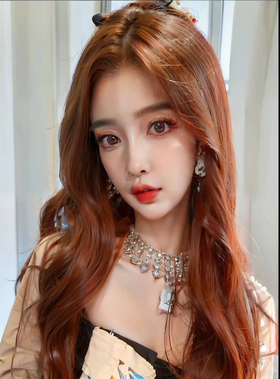 un primer plano de una mujer con el pelo largo y rojo que llevaba un collar, tzuyu de dos veces, She has long orange-brown hair., ella tiene el pelo largo y renaranjado, jossi de blackpink, Jisoo de Blackpink, jisoo de blackpink, portrait of jossi de blackpink, retrato de jisoo blackpink, ulzzang, coral brown hair, jinyoung shin, Lalisa Manobal