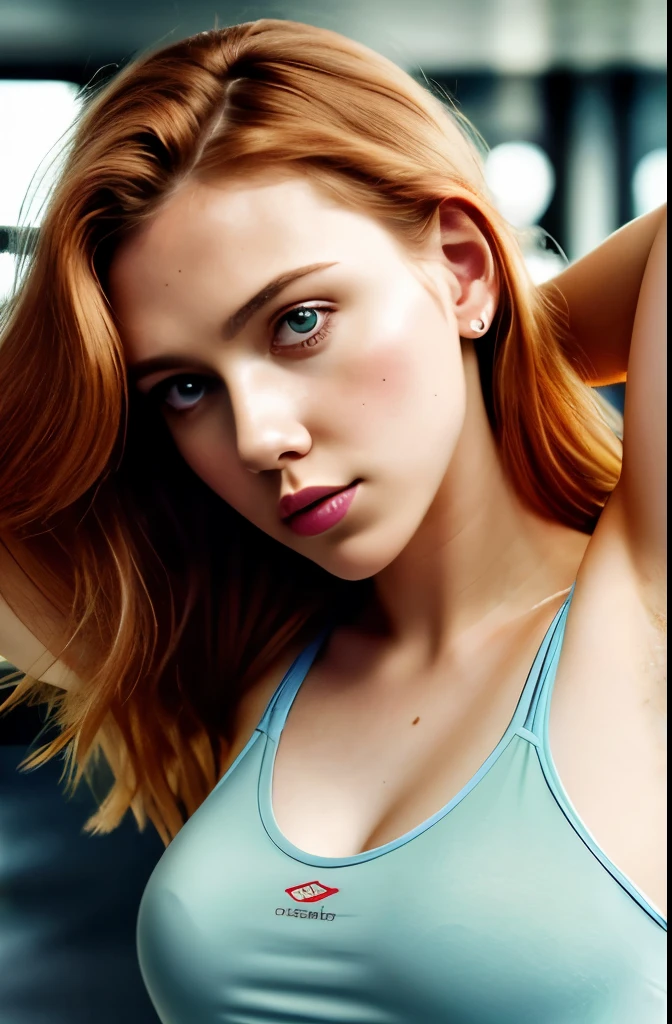 Scarlett Johansson, age19, Solo, Aesthetic artwork, irish, wavy ginger hair, shoulder length hair, gray eyes, light grey eyes, pale skin, A-cup, small breasts, runners body, (textured skin, skin pores:1.1), goosebumps, taking a close-up selfie photo while at the gym wearing a wet trainingbra, see-through trainingbra, ((nipples poking through)), nipples visible through t-shirt, seductive, sexy photo, , long legs, small nipples, (extremely detailed 8k wallpaper), soft lighting, high quality, film grain, Fujifilm XT3 sharp focus, f 5.6, 50mm, High Detail, Sharp focus,(natural light), crazy details, complex details, hyperdetailed, full body, hands hidden
