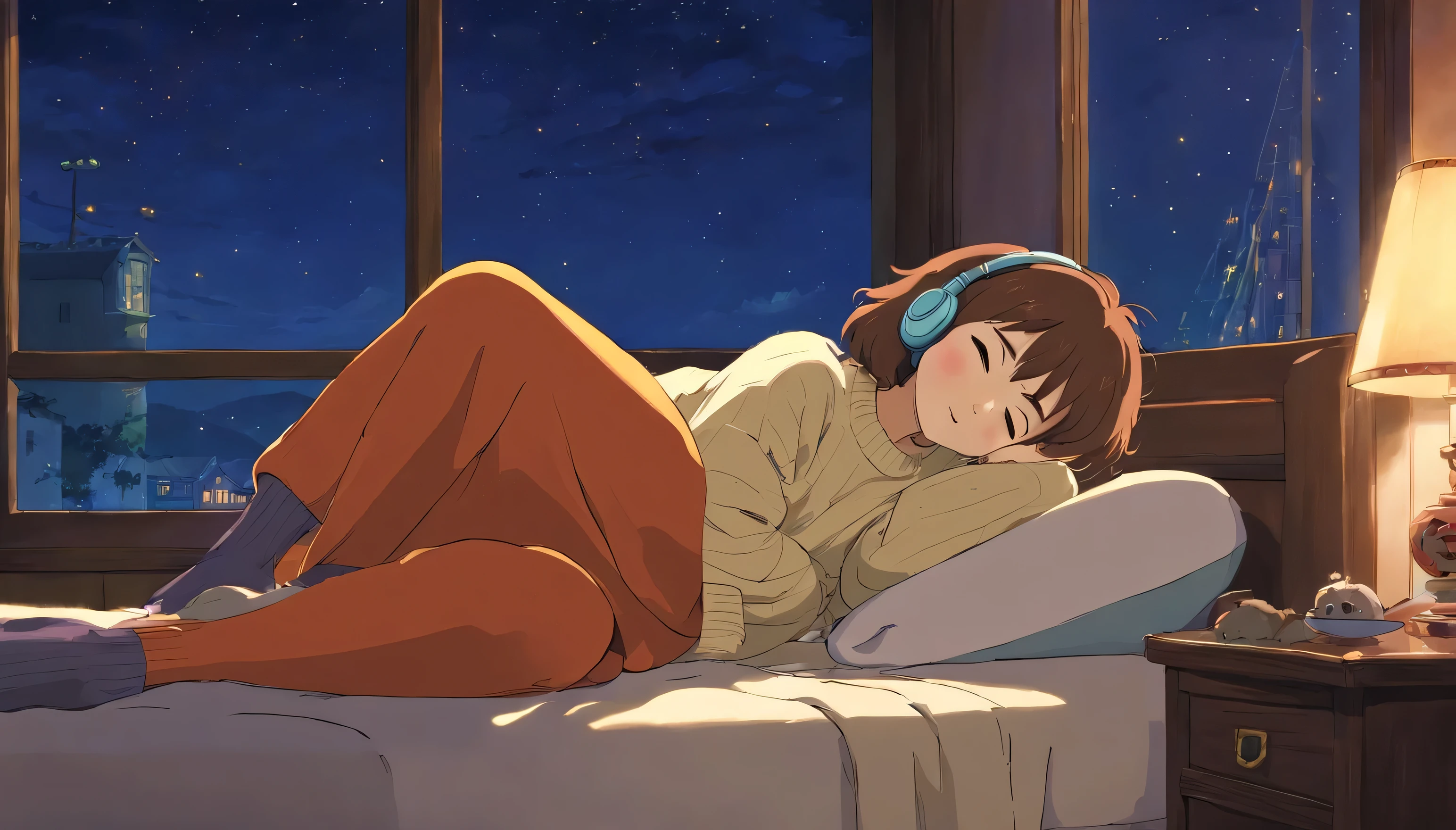 girl, lying down and sleeping, wearing a large sweater, please wear headphones, praise, Calm, Calm atmosphere, Looking at her bedroom window, nice, night, quiet night, Cat, masterpiece, highest quality、ghibli style