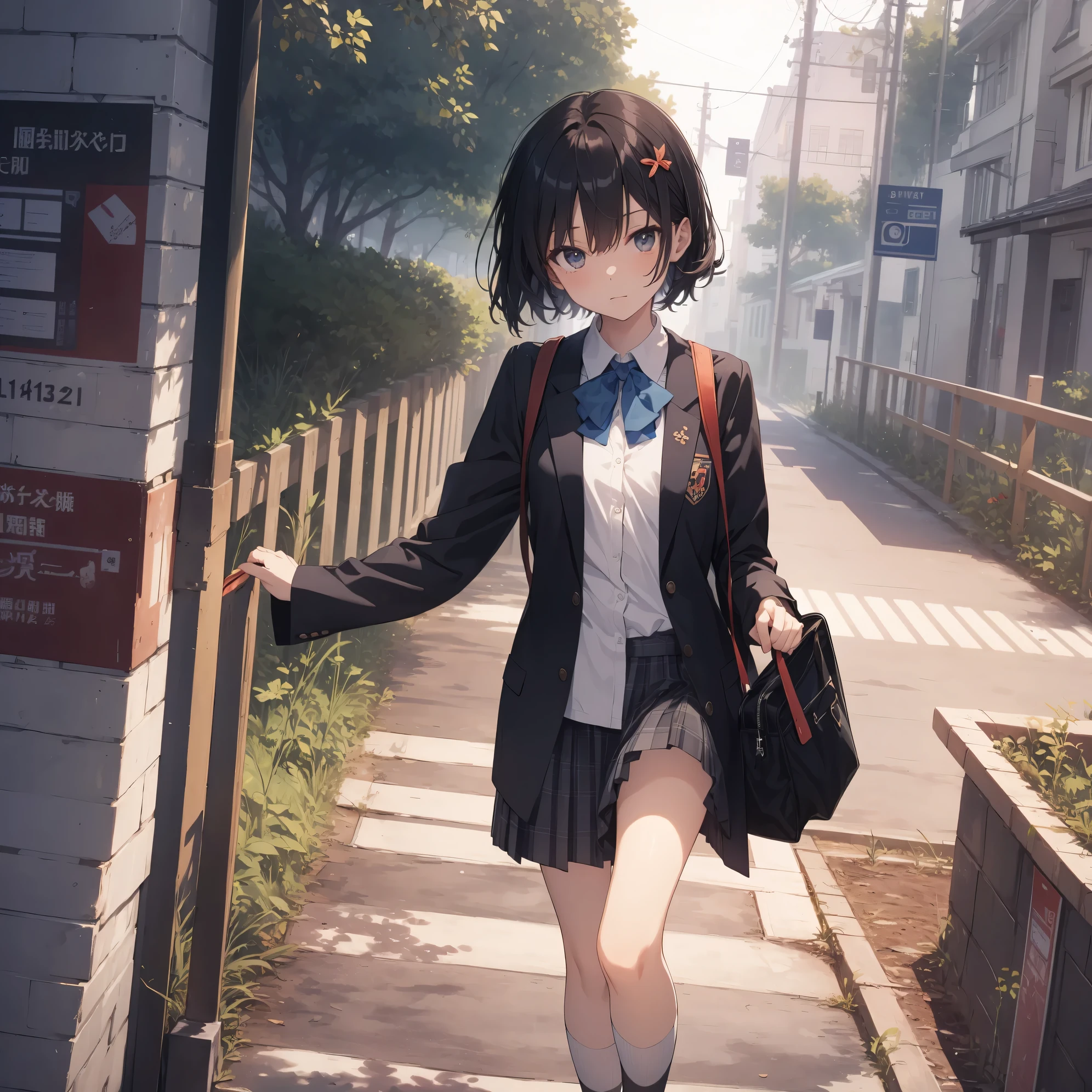 Ultra-highest quality by the art god, super detailed, High resolution, Shinkai Makoto style, anime moe art style, Best Anime 8K Kona-chan Wallpaper, pixiv contest winner, perfect , break,(眠そうにalone学校へ行く女の子を描いてください. )break,1 girl, (alone,little woman, , 13 years old:1.3),All limbs, full finger,, The charm of an immature body, (very short hair), bangs, bow, flat , Because I'm slender, thin body, small , between legs, Big eyes, detailed and beautiful eyes, Well-proportioned iris and pupils, expressive eyes, High resolutionの詳細な髪, ribbon, skirt, collared shirt, Ascot, pleated skirt, school uniform, shirt, white shirt, school bag,(detailed lighting), (detailed background), On the way to school. break,super dense skin, Best lighting by famous artists, 8k, cute illustration,Hmm, rough skin