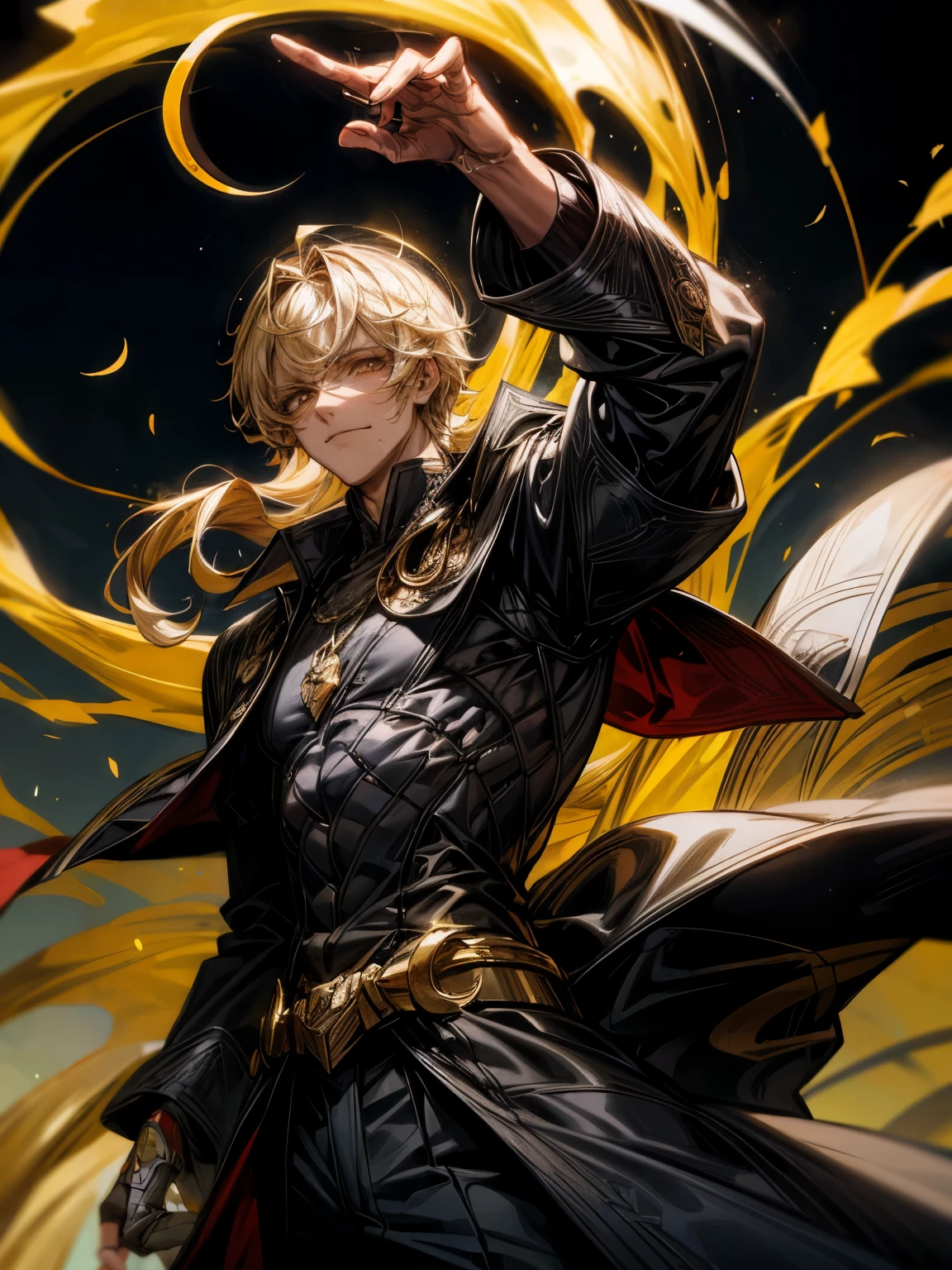 Gere uma imagem de um personagem com os seguintes atributos: ((melhor qualidade)), ((1 PERSONAGEM)). The character is a man with wheat-colored hair, honey amber eyes, a noble and mature appearance, vestindo uma armadura preta coberta por um manto verde. The hair is short and wavy, with a neutral expression. The character is adorned with a crescent moon, completo, e colar de lua minguante, bem como um colar de ametista. lua de sangue. The style is manga, sorcerer, dynamic pose