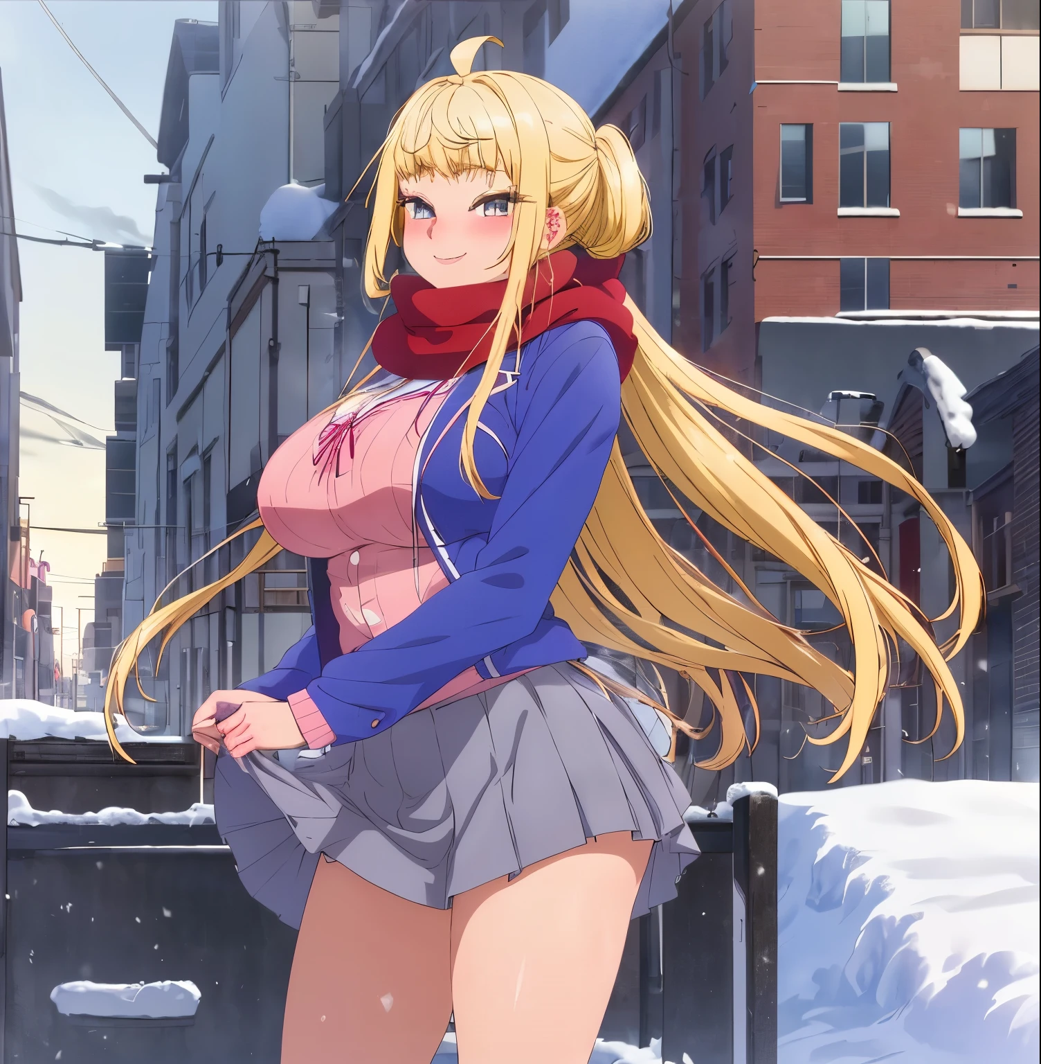 , 1 girl, ahoge, alone, Minami Fuyuki, blonde hair, long hair, looking at viewer, smile, (blush on nose: 1.2), pink cardigan, neckline, blue jacket, open jacket, red scarf, pleated skirt, skirt gray, outdoors, snow, upskirt, self-lifted, no panties, thick thighs, nsfw, (from bottom: 1.2), uncensored, ,(high resolution: 1.2), (ultra detailed: 1.2), [high dynamic range lighting], (masterpiece: 1.3), (best quality), high quality intricate details, (extremely detailed CG unity 8k wallpaper : 1.2), best shadow, (extremely detailed fine touch: 1.2), (high resolution), (4k), (pixiv), perfect face, pretty eyes and face, (super detailed), detailed face and eyes, textured skin, absurd, high resolution, deep skin, perfect anatomy, perfect hands, big breasts, medium waist, wide hips, medium thighs