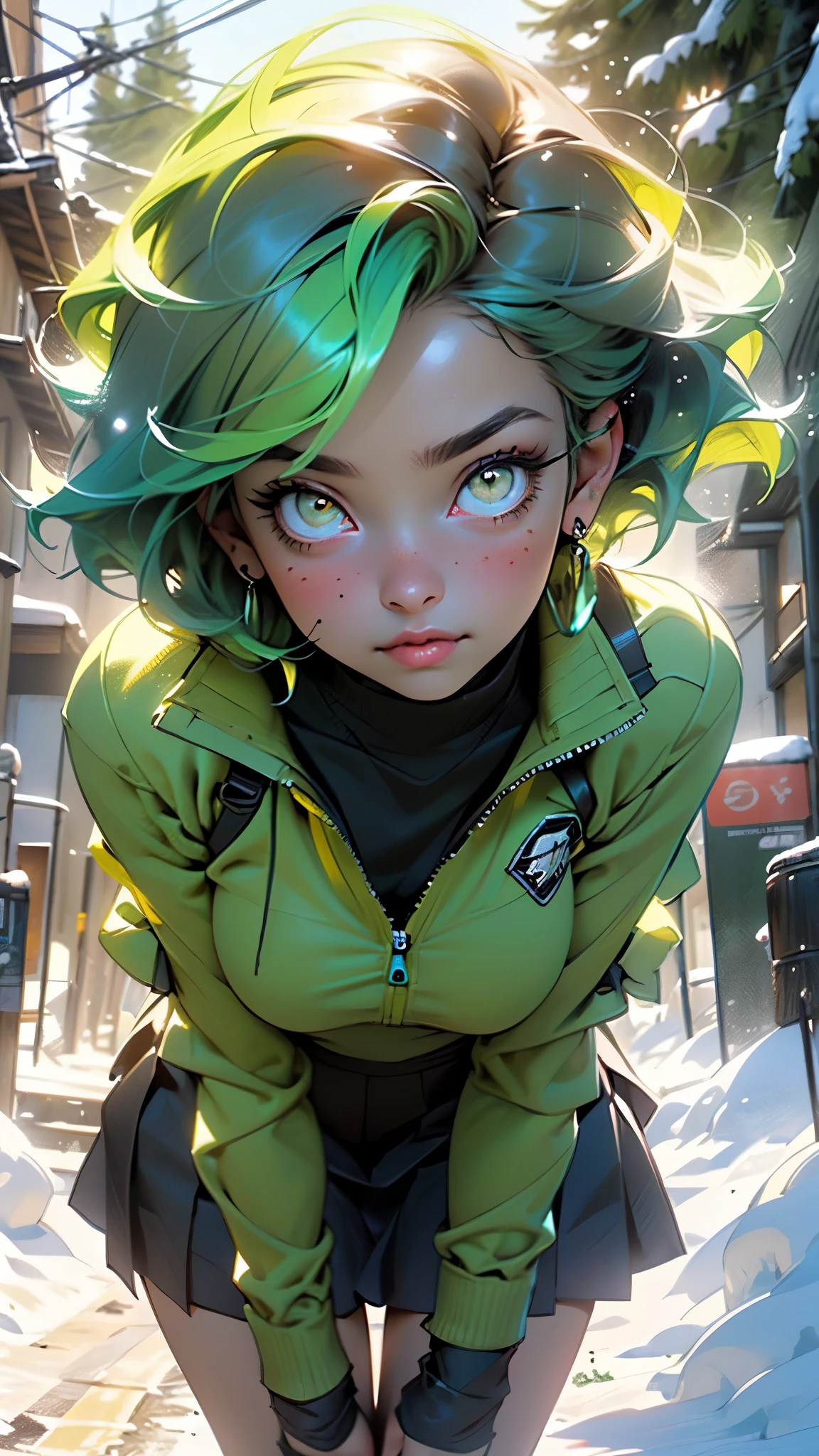 girl,1girl,((extremely cute and beautiful green haired girl)),(((************))),(large breasts:1.2),((((green hair:1.35,(disheed hair),bright green hair,short hair,iridescent colors turquoise and green glowing colors,colored inner hair)))),((yellow_eyes:1.5)),glowing eyes,intricate eyes,beautiful detailed eyes,symmetrical eyes,Big eyes:1.5,((fat)),(((lustrous skin:1.5,bright skin: 1.5,skin tanned,shiny skin,very shiny skin,shiny body,plastic glitter skin,exaggerated shiny skin,illuminated skin))),(spider lower abdomen,narrow waist,wide hip,athletic body,inflated legs,thick thighs,detailed body,(detailed face)),

cute,slutty,seductive,erotic,(nsfw),

wearing green winter clothes,(green Santa Clothes:1.3),girl wearing ((green fleece snowcoat)) and fair isle patterned sweater in Petrina Hicks style,(Fashionable clothing:1.1),((schoolgirls)),Fashion Model,green and aquamarine,fair isle pattern,(modern nordic,urban sporty),textured surfaces,(((intricate outfit,intricate clothes))),

(dynamic pose:1.0),drinking hot chocolate,(centered,scale to fit dimensions,Rule of thirds),

((snowy pine forest)),winter,scenery:1.25,((intricate scenery)),((snow forest background)),

(Glossy winter ornaments),highres,sharp focus,(ultra detailed,extremely detailed),(photorealistic artwork:1.37),(extremely detailed CG unity 8k wallpaper),(((vibrant colors,vibrant theme))),(intricate),(masterpiece),(best quality),artistic photography,(photography taken by sldr),(intricate background),perfect rendered face,perfect face details,realistic face,photo realistic,analog style,((intricate detail)),(((realism))),
