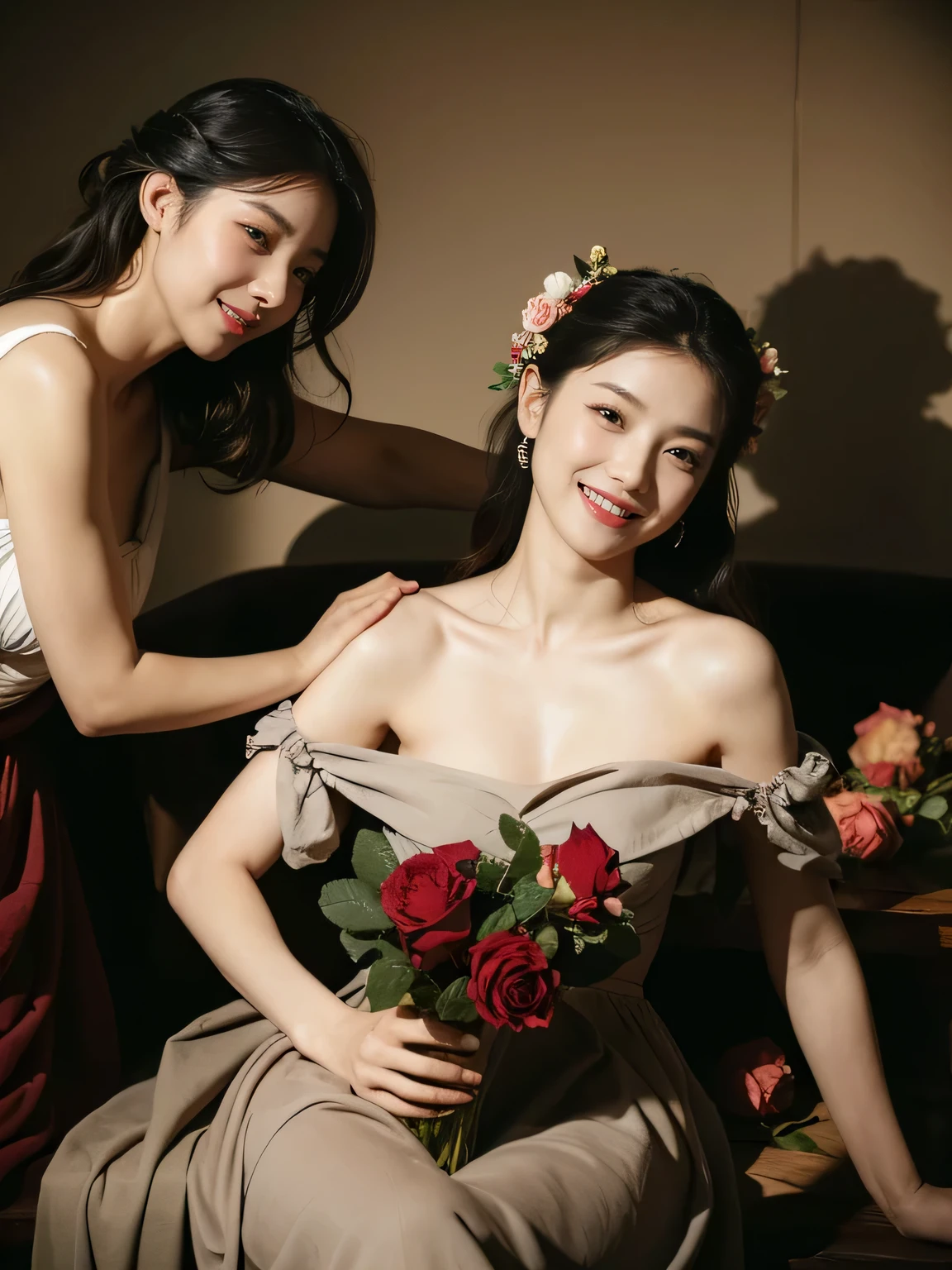 full body portrait ,fruits,Rose ,flower,Rosa,antique,A smile,,Sweet and seductive appearance.、Caravaggio's paintings、Chiaroscuro of Caravaggio,Two women frolicking,Cute smile, Expression of ecstasy