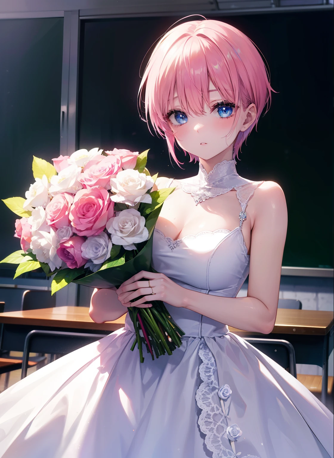 ichikanakano, ichika nakano, short hair, bangs, blue eyes, hair between eyes, pink hair,
Wedding dress,Wedding Skirts,bouquet,bouquetトス,holding a large bouquet of flowers in both hands,
break indoors, classroom,
break (masterpiece:1.2), highest quality, High resolution, unity 8k wallpaper, (figure:0.8), (detailed and beautiful eyes:1.6), highly detailed face, perfect lighting, Very detailed CG, (perfect hands, perfect anatomy),