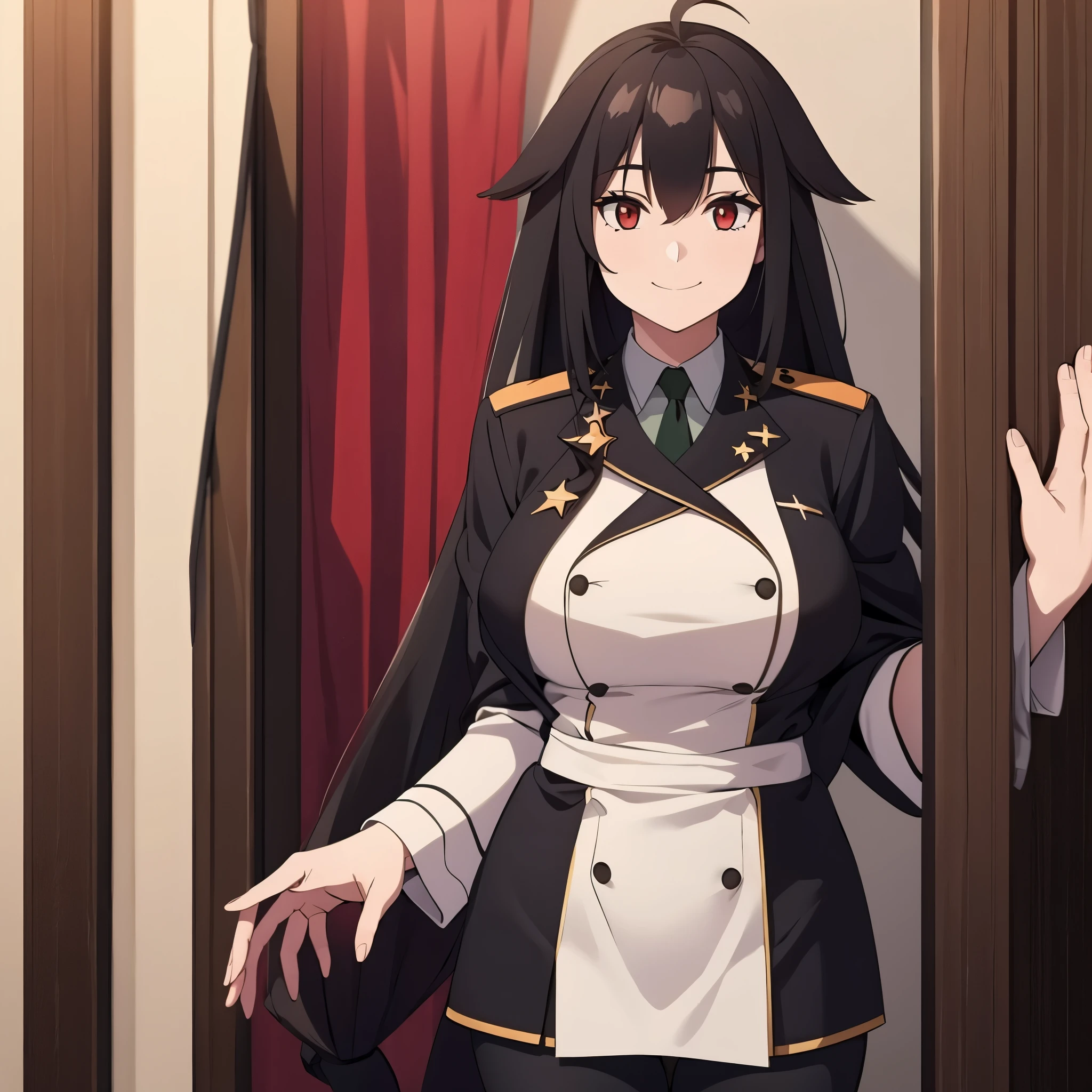 A woman in in an officer's room, long black hair, red eyes, smile