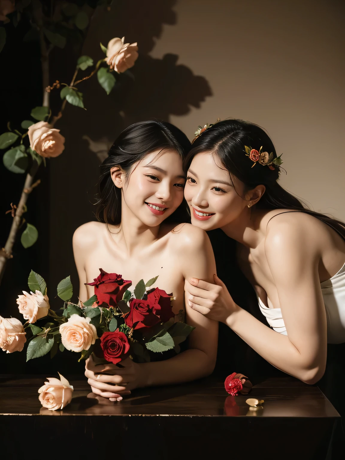 full body portrait ,fruits,Rose ,flower,Rosa,antique,A smile,,Sweet and seductive appearance.、Caravaggio's paintings、Chiaroscuro of Caravaggio,Two women frolicking,Cute smile, Expression of ecstasy