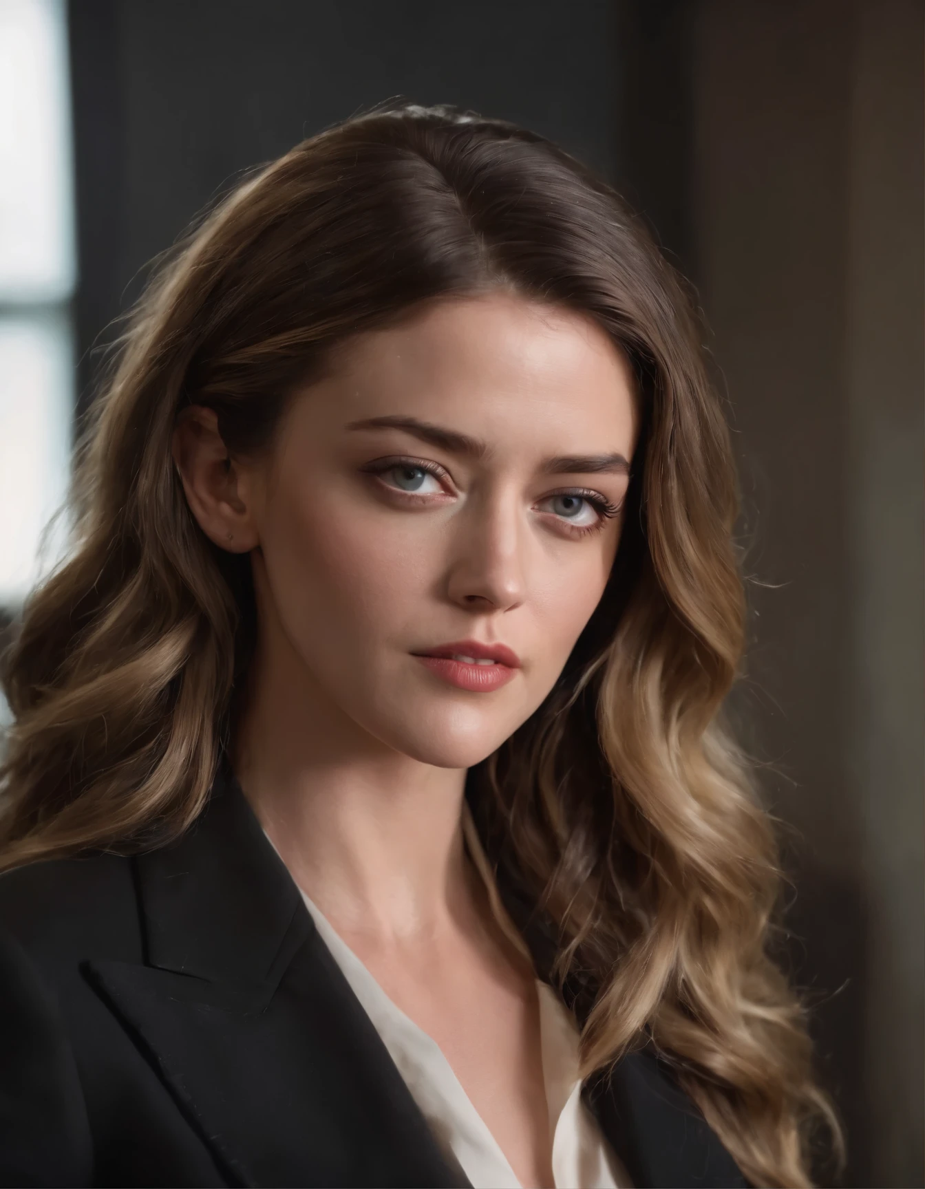 a photo of : Realistic brunette Amber Heard, Long wavy hair, Officer attire, Black suit oval face in office with face facing forward