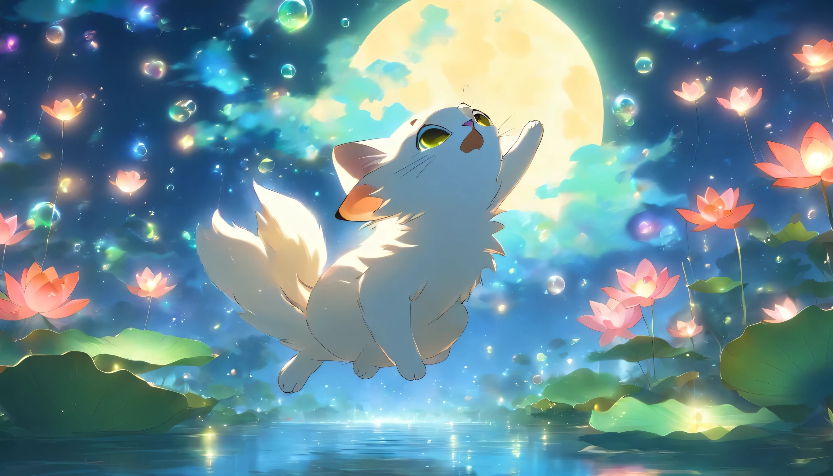 moonlight over lotus pond，Colorful bubbles，moonlight，firefly，fairy tale，Cat and fish flying in the air，HD，rich and colorful