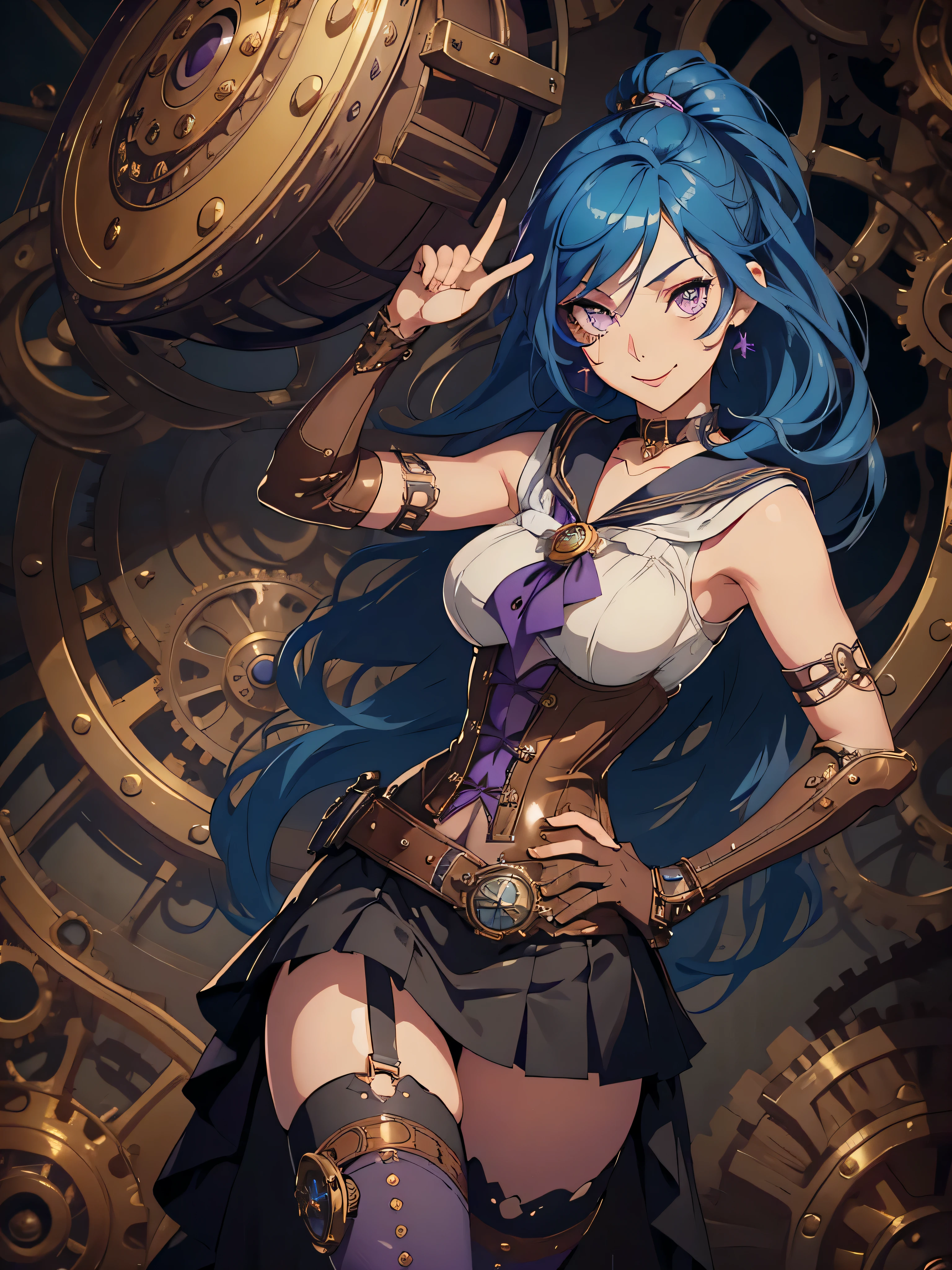 masterpiece, high quality, illustration, extremely detailed, steampunk town, standing, 1_women, (full body), (bright blue hair), medium length hair, cute bangs, flowing hair, (exotic skin_complexion:1.4),mature, tall, (hand on hip), (giving thumbs up), beautiful, exotic, elegant, slim, (((sailor collar))), sleeveless, black thigh highs, choker, medium bust, (brown steampunk corset), black Lolita style skirt, knee high brown boots with laces, black elegant elbow gloves, diamond shaped eyes, (((purple eyes))), dark_eyeliner, long_eyelashes), natural dynamic lighting, smiling, happy, (((winking at viewer))), steampunk