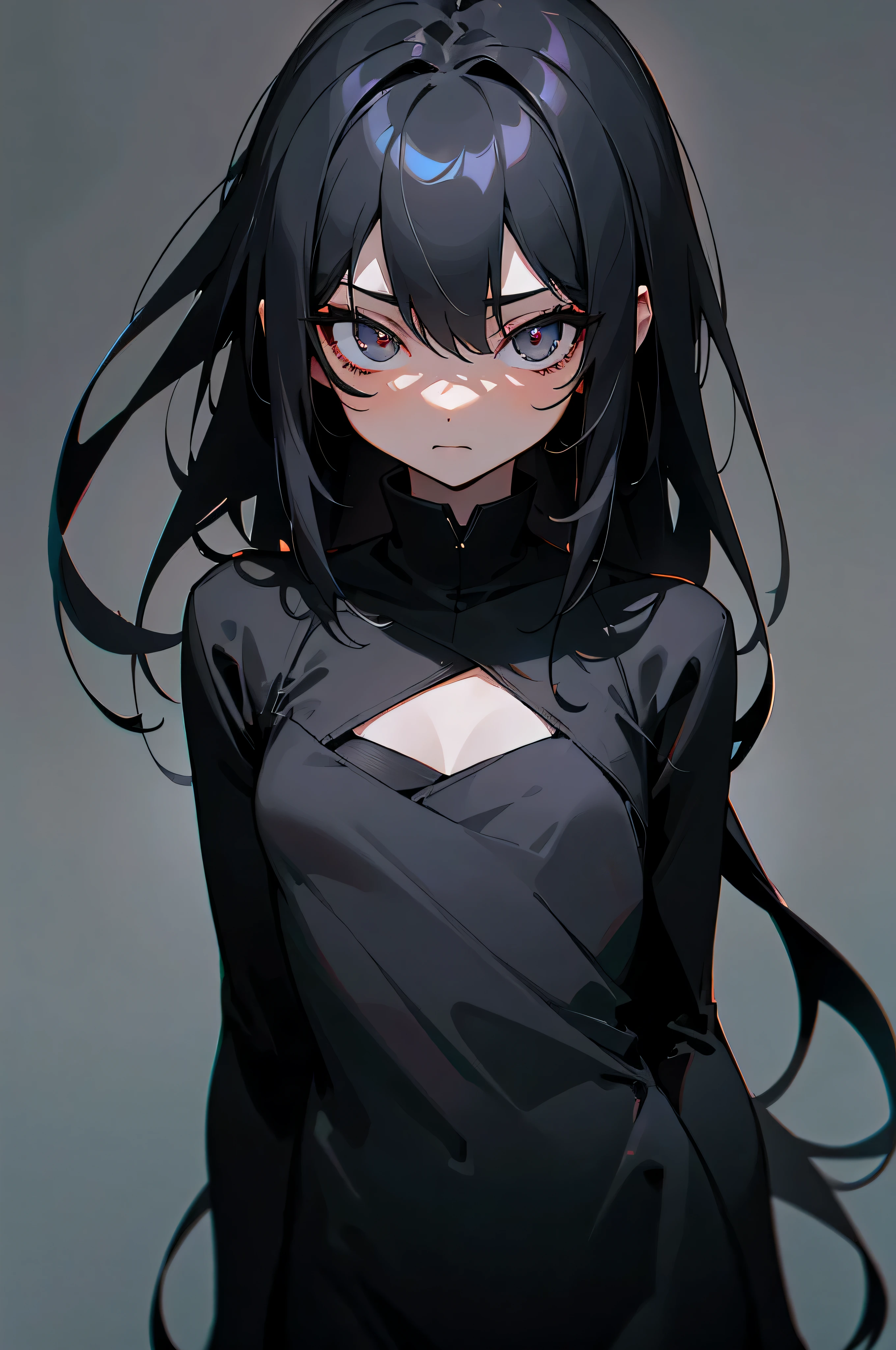 1girl，utmost+Beautiful+meticuloso_the face，utmost+Beautiful+meticuloso_The eye，The upper part of the body，closeup cleavage，cyberpunk backgrouns，sketching，solidcolor，A woman in a black shirt and black dress，Minimalist style，Wear elegant casual clothing，boots，Milk and black style，Black eyes，Modern and stylish dress，Casual modern dress，inspo , Anime，Blackn clothes, a black skirt, Neutral tones, black and white color scheme, leisure wear, scary face,, 22 year old, adult face, long hair, ((black hair))