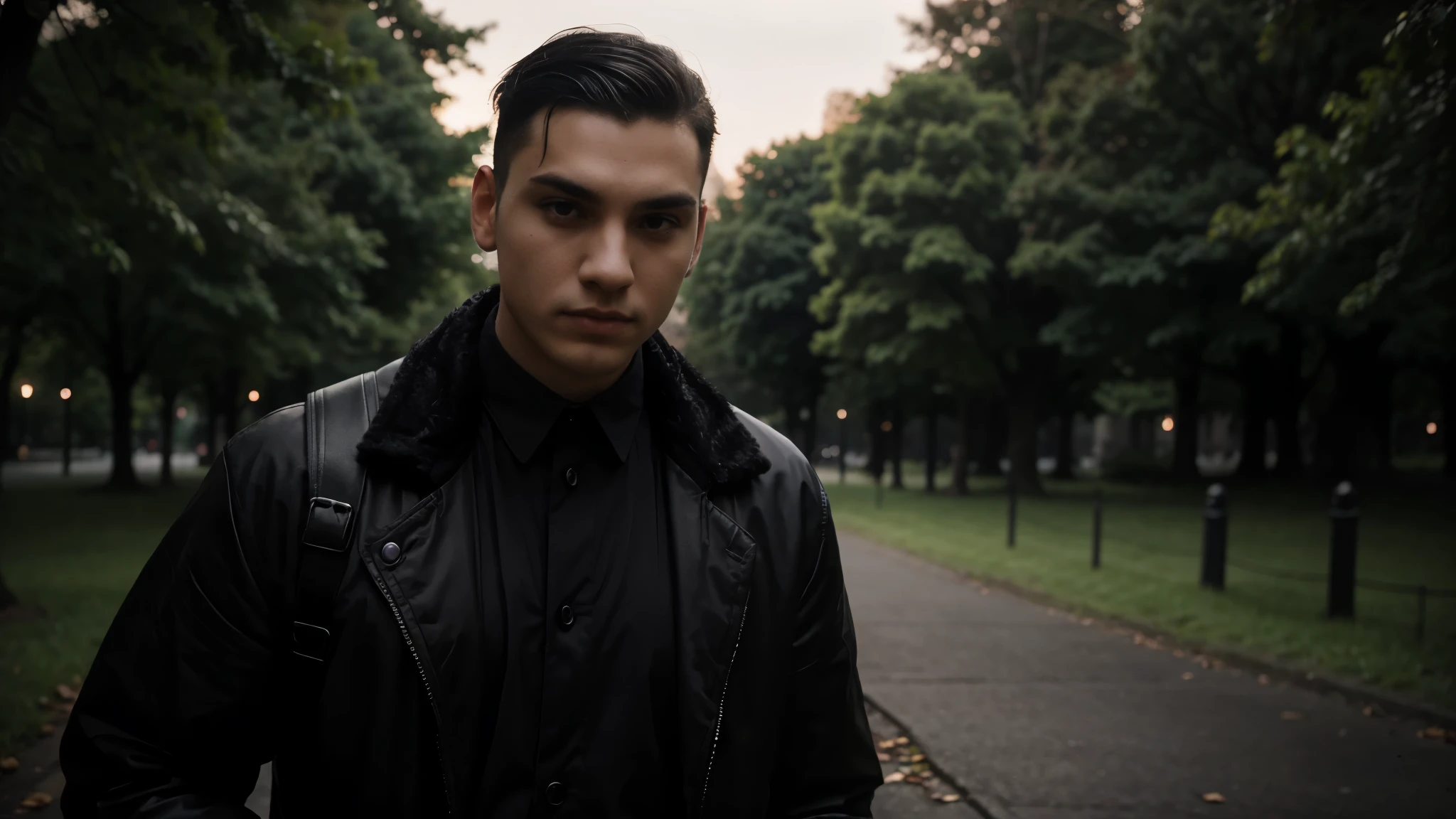 A young man with undercut fashion black hair with black eyes, was walking in a quiet park, late at night, Hyperdetailed, photography, soft light, realistic, gothic, dark moody atmosphere, potrait