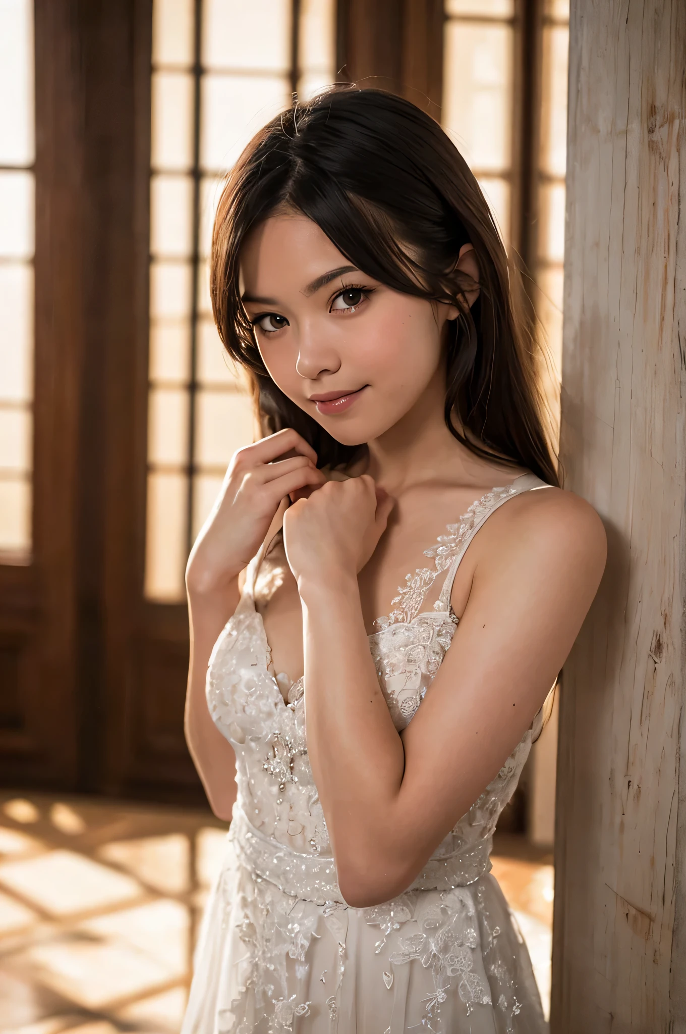 (best quality), (ultra-detailed), (llustration), (detailed light), (an extremely delicate and beautiful), 1young girl, long hair, brown eyes, (smile slightly, Innocent and cute expression), model, Enchanting, Sublime, Ethereal, fantastic, extremely detailed CG unified 8k wallpaper, High-definition raw color photos, professional photography, (Bokeh), twilight, Golden hour, Backlighting, depth of fields,