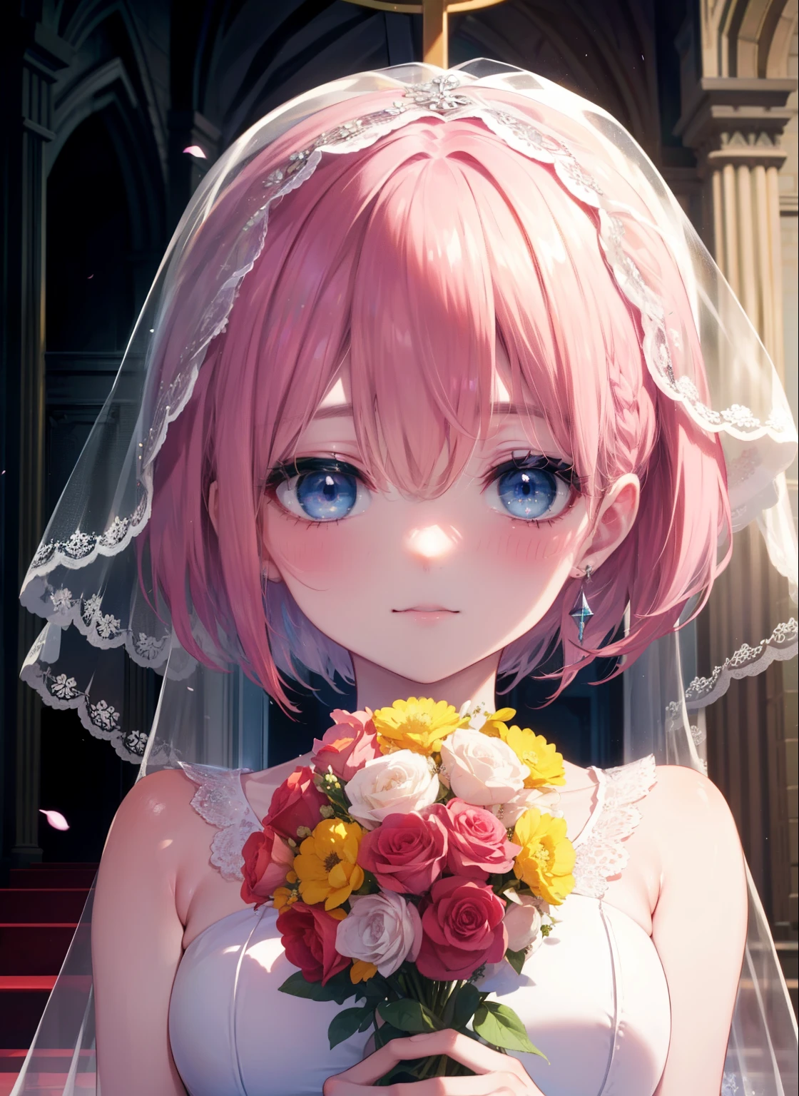 ichikanakano, ichika nakano, short hair, bangs, blue eyes, hair between eyes, pink hair,blush,smile,
Wedding dress,veil wedding skirt,bouquet,bouquetトス,holding a large bouquet of flowers in both hands,
break indoors, church,chapel,
break (masterpiece:1.2), highest quality, High resolution, unity 8k wallpaper, (figure:0.8), (detailed and beautiful eyes:1.6), highly detailed face, perfect lighting, Very detailed CG, (perfect hands, perfect anatomy),