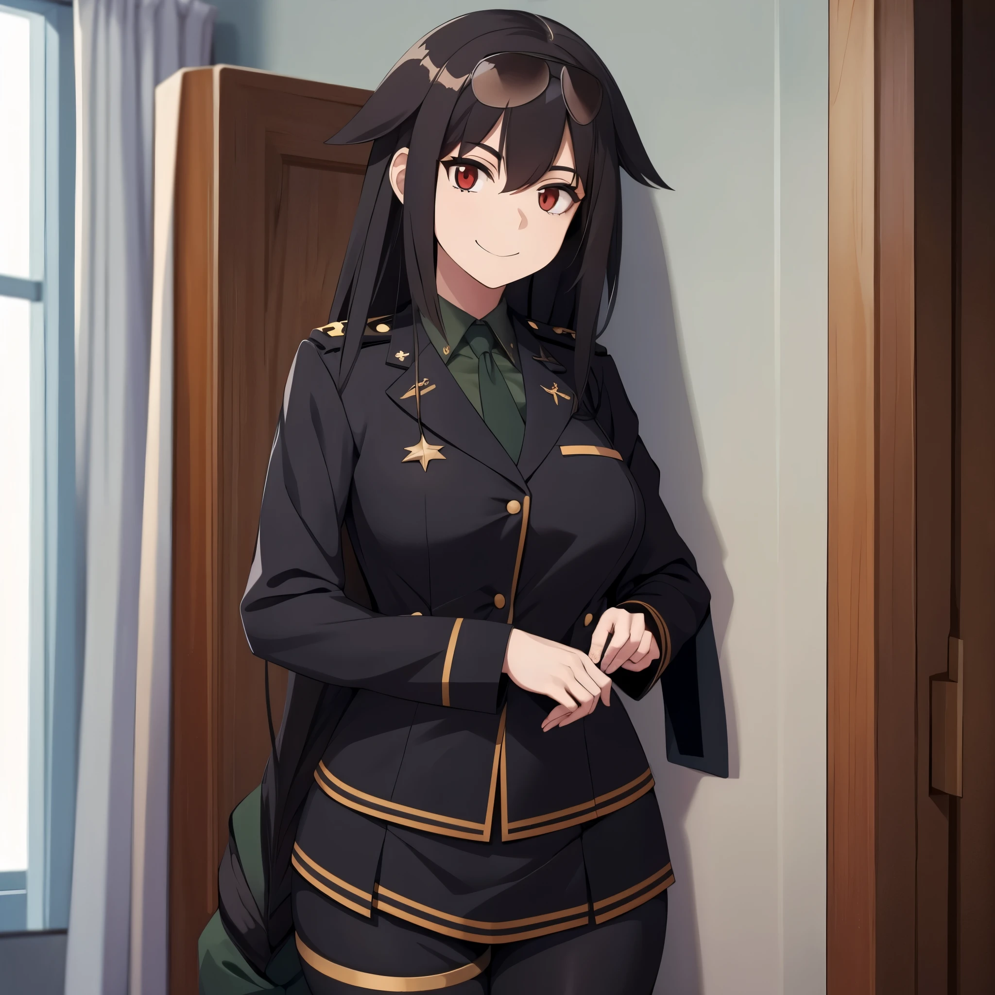 A woman in in an officer's room, long black hair, red eyes, smile
