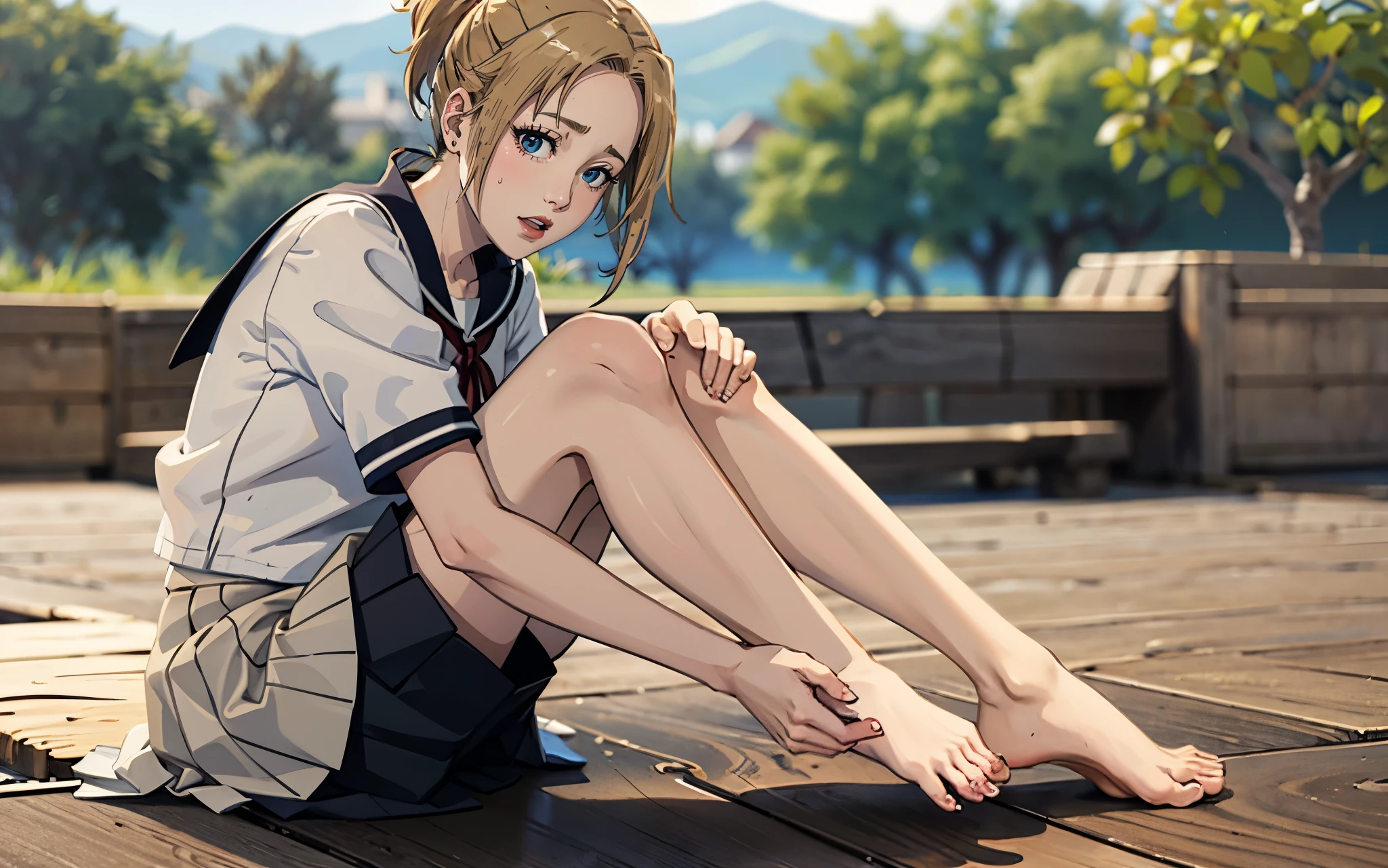 (blonde hair:1.4), blue eyes, low ponytail, (plump:1.2),1girl, feet, barefoot, solo,  school_uniform, looking_at_viewer, blurry, sitting, toes, day, outdoors, depth_of_field, tree, skirt, blurry_background, serafuku, short_sleeves, stretch, leg_hug, legs, bare_legs, sailor_collar, knees_up, black_skirt, soles, reflective floor,