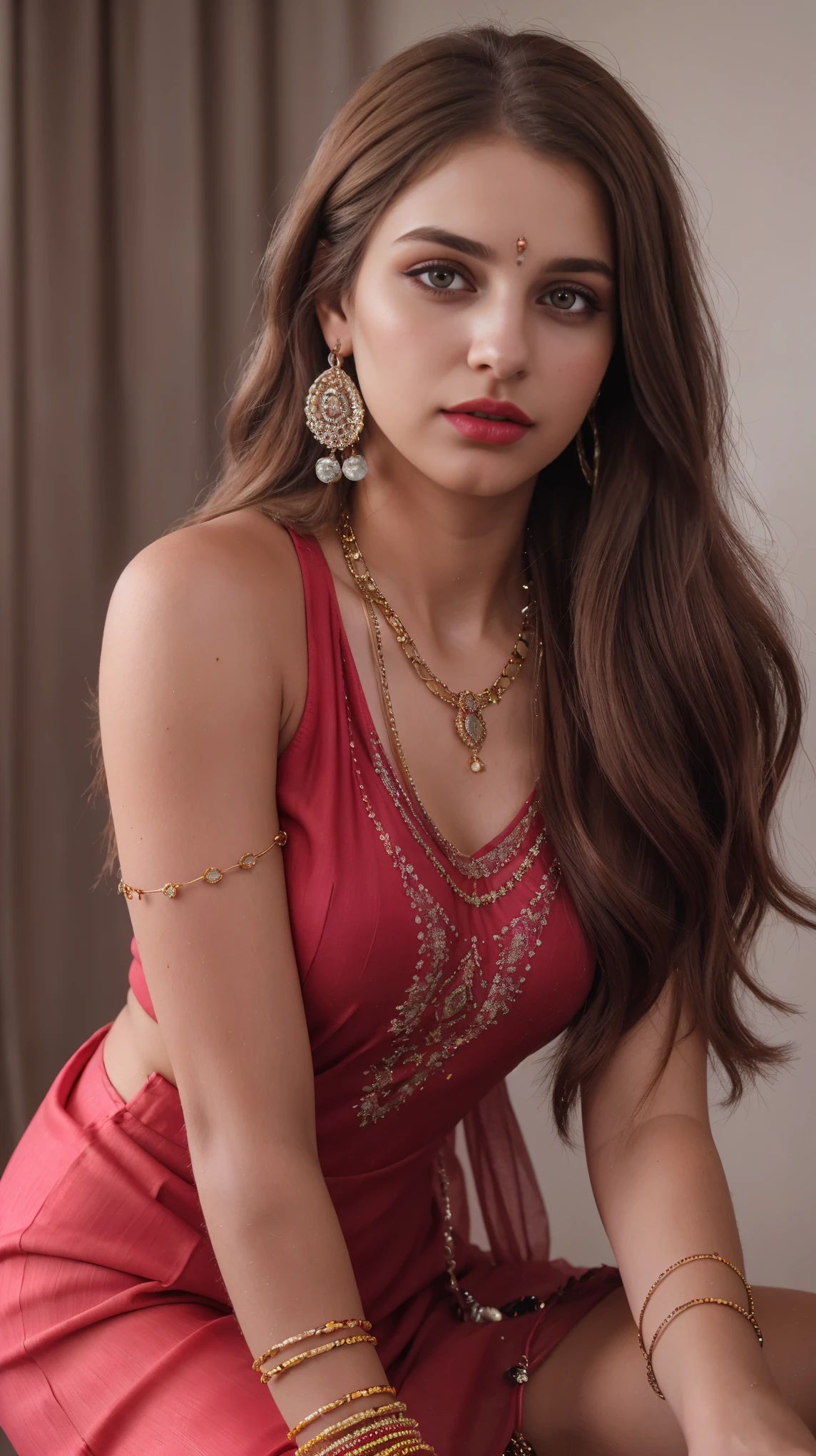 Blond brown hair, (RAW photo), (realism: 1.8), (very gloss jet red lipstick, many eyelashes, dark black eye shadow, shy, blushing, high quality, high resolution, depth of field, chromatic aberration, caustic, wide light, pastel skin, (21 year old woman), necklaces, chokers, earrings, bracelets, wear many accessories, style A good woman, Wearing beautiful indian drees and dupatta, lots of exposure, pose, visible 8k resolutions
