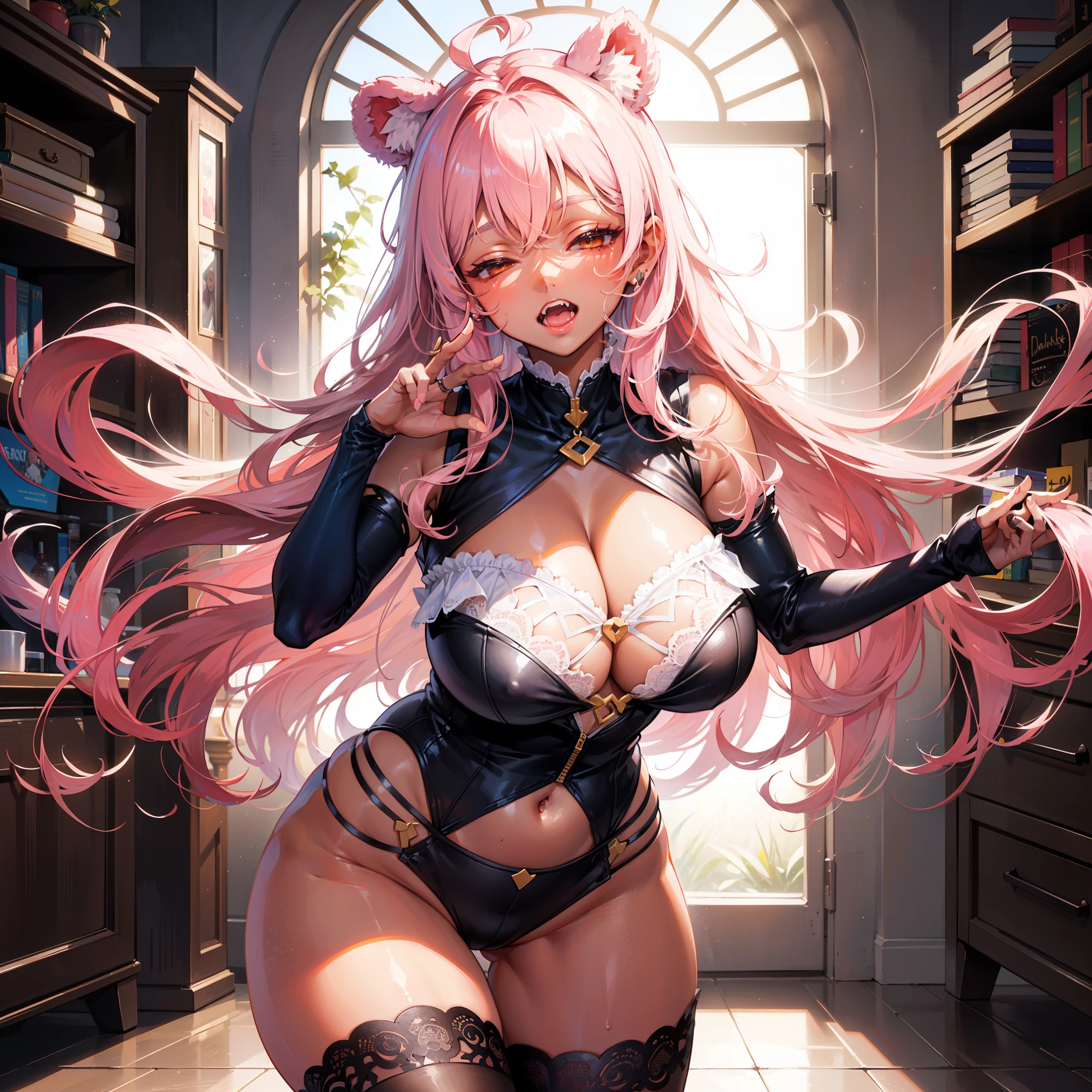 ((((1girl)))), pink hair, ahoge, (curly hair), ((very long hair)), ((half-closed eyes)), bear ears, (((fang))), ((((((dark skin)))))), ((huge breasts)), ((brown eyes)), (thick thighs), ((thick lips)), ((wide hips)), (thighhighs), ((lace)), ((long eyelashes)), super detailed, ((cleavage)), ((best quality)), highres, UHD, textured skin, ((pink)), ((indoor)), ((dynamic pose)),