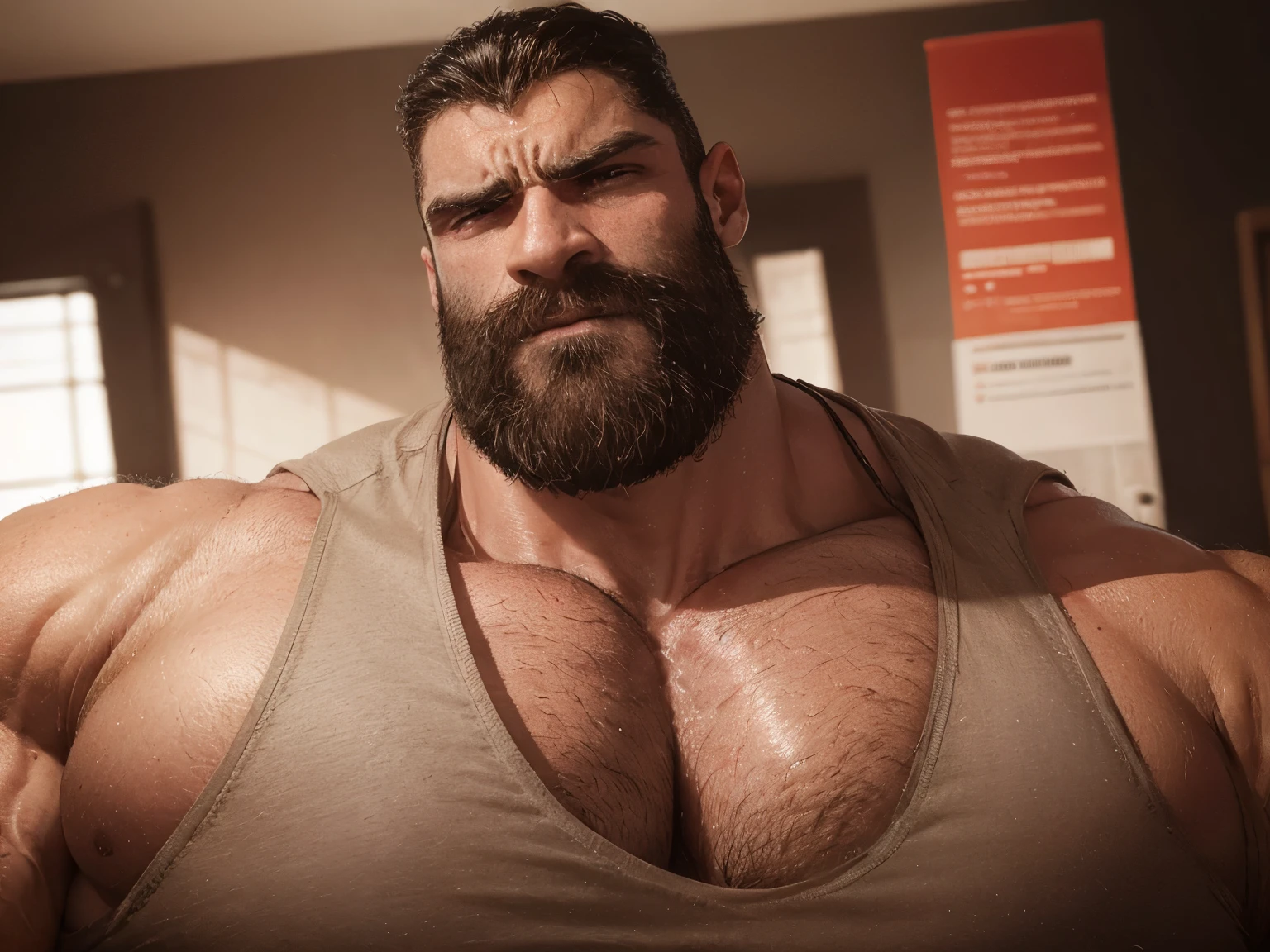 Um homem musculoso gigante, viril, enorme, crescendo cada vez mais, roupas rasgadas, peito enorme, cara de bravo, bravo, com raiva, imposing presence, incredible strength, olhar intenso, muscular arms, pernas grossas e musculosas, Robust appearance, imenso poder, dominante, Unstoppable strength, aura esmagadora, monumental strength, corpo enorme, muscle definition, musculatura esmagadora, colossal strength, Epic Proportions, invincible titan, intimidador, viril, sexy, manly