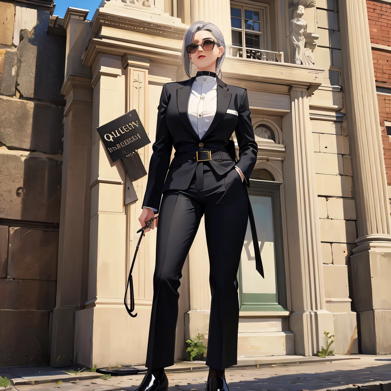 ((masterpiece)), (highest quality), (simple style), full body image,1 female,prison officer,punish,black suit,Large sunglasses,gray hair,have a whip,Please put the cigarette in your mouth,Queen