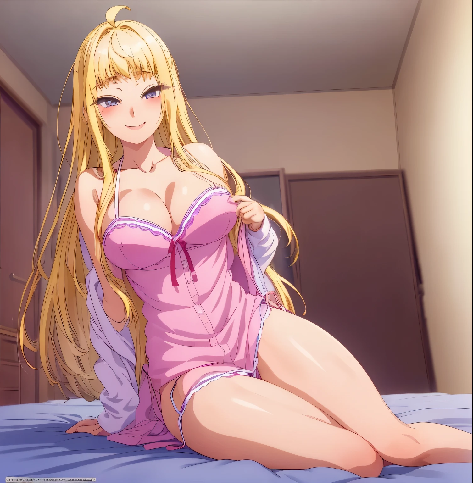 , 1 girl, ahoge, alone, Minami Fuyuki, blonde hair, long hair, purple eyes, looking at viewer, smile, (blush on nose: 1.2), pink lingerie, cleavage, pink lace bra, pink lace thong, interior, room, sitting on bed, legs open, no panties, thick thighs, nsfw, (from below: 1.2), uncensored, ,(high resolution: 1.2), (ultra detailed: 1.2), [high dynamic range lighting], (masterpiece: 1.3), (best quality), high quality intricate details, (extremely detailed CG unity 8k wallpaper : 1.2), best shadow, (extremely detailed fine touch: 1.2), (high resolution), (4k), (pixiv), perfect face, pretty eyes and face, (super detailed), detailed face and eyes, textured skin, absurd, high resolution, deep skin, perfect anatomy, perfect hands, big breasts, medium waist, wide hips, medium thighs