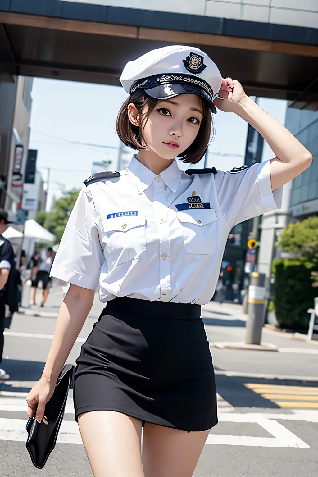 mini skirt、White Police Uniform、White Police Cap、whole body、photo taken from below、a beautiful female police officer、((brown bob hair))、city