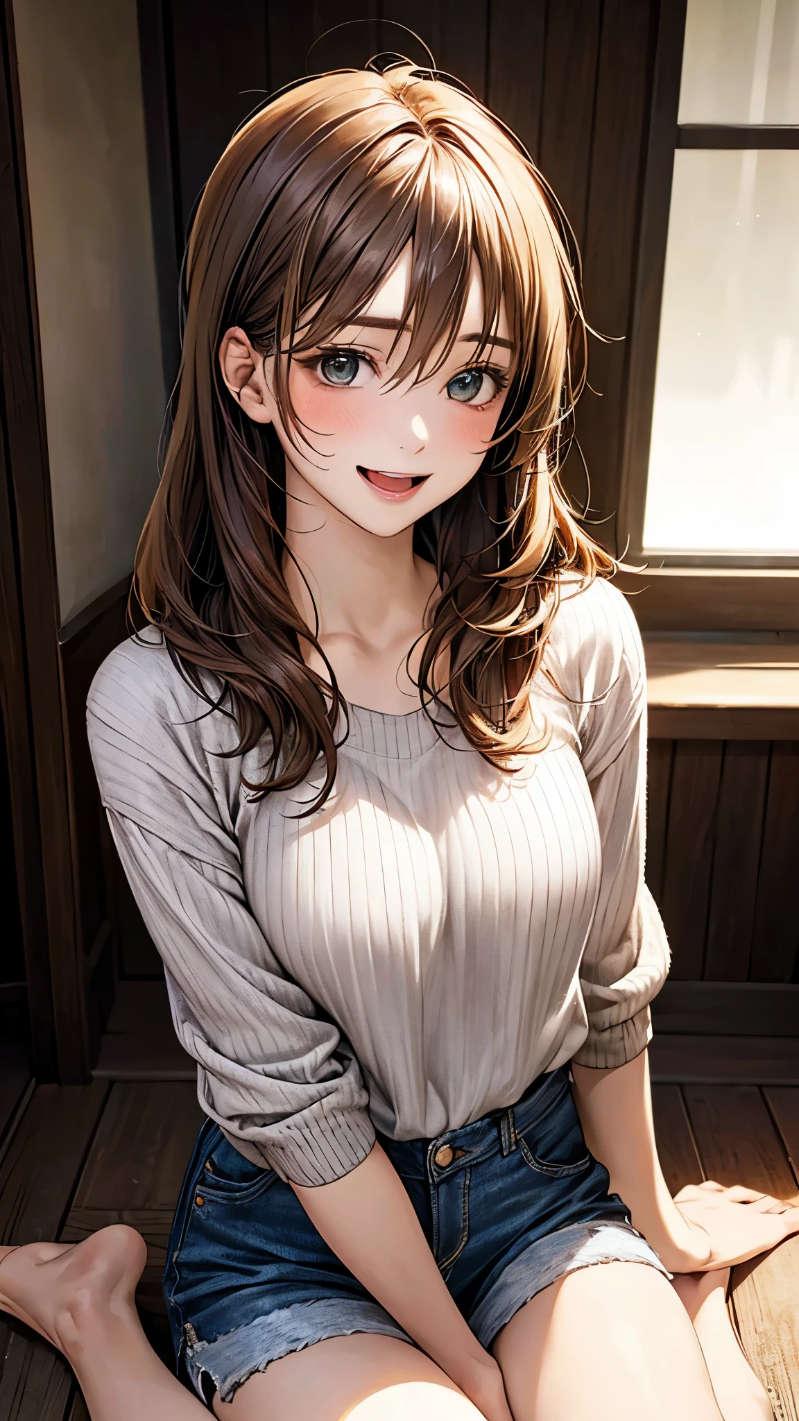 (masterpiece:1.2, top-quality), (realistic, photorealistic:1.4), beautiful illustration, (natural side lighting, movie lighting), photorealisim,
beautiful detailed hair, beautiful detailed face, beautiful detailed eyes, beautiful clavicle, beautiful body, beautiful chest, beautiful thigh, beautiful legs, beautiful hands, shiny hair,
looking at viewer, full body, 1 girl, japanese, teacher, 20 years old, neat and tidy woman, perfect face, cute and symmetrical face, glowing white shiny skin, highlights of cheek luster,
(long hair, medium wave hair, brown hair), hair between eyes, blue eyes, double eyelids, eye liner, long eye lasher, (medium breasts), puffy nipple, silky hainer hair, bangs flowing diagonally,
((detailed cloth texture, turtleneck knitwear, denim mini skirtyellow lace panties, disheveled clothes, dressing)), shiny little necklace and earrings, shiny lips: 1.4,
(beautiful scenery), ((open knees, open one's legs)), (sit on stairs), (kamimei, tears are embarrassing, shy laughter),