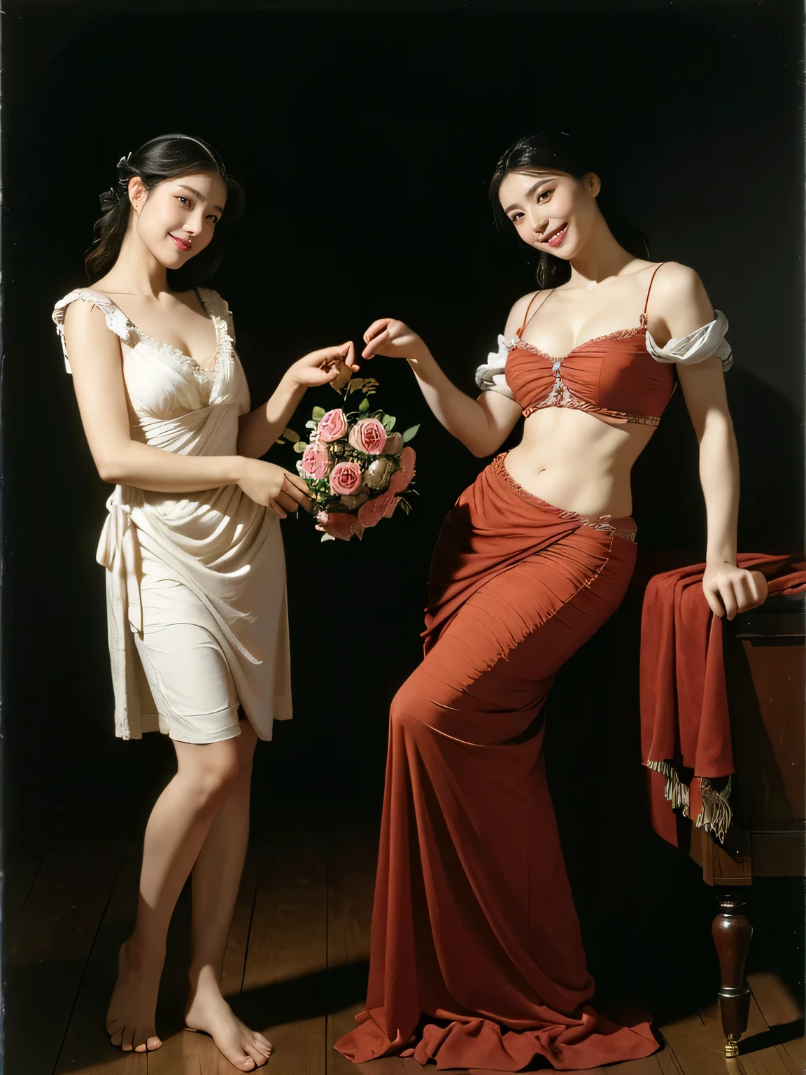 full body portrait ,fruit,Rose ,flower,rosa,antique,laughter,,sweet and enchanting appearance.、caravaggio painting、Caravaggio's Chiaroscuro,two women having fun,cute smile, expression of ecstasy