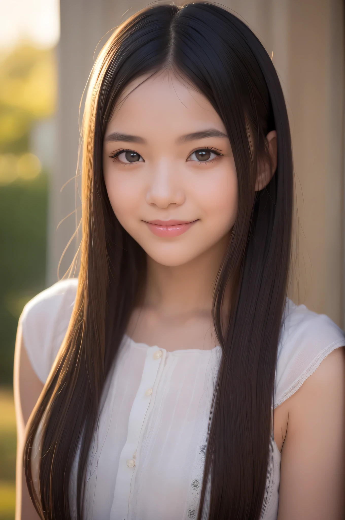 (Best-quality, Masterpiece, Ultra-High-Resolution, (Photorealistic:1.4), Raw Photo, depth of field, professional lighting, perfect anatomy, extremely details), face-focus, 1girl, 15-years-old, the most famous Japanese-idol, ((looking at viewer, innocent smile)), (((extremely beautiful and extremely realistic skins))), (((extremely realistic big-black-eyes))), ((extremely cute face with no-makeup)), (long-eyelashes), (black long-straight-hair)