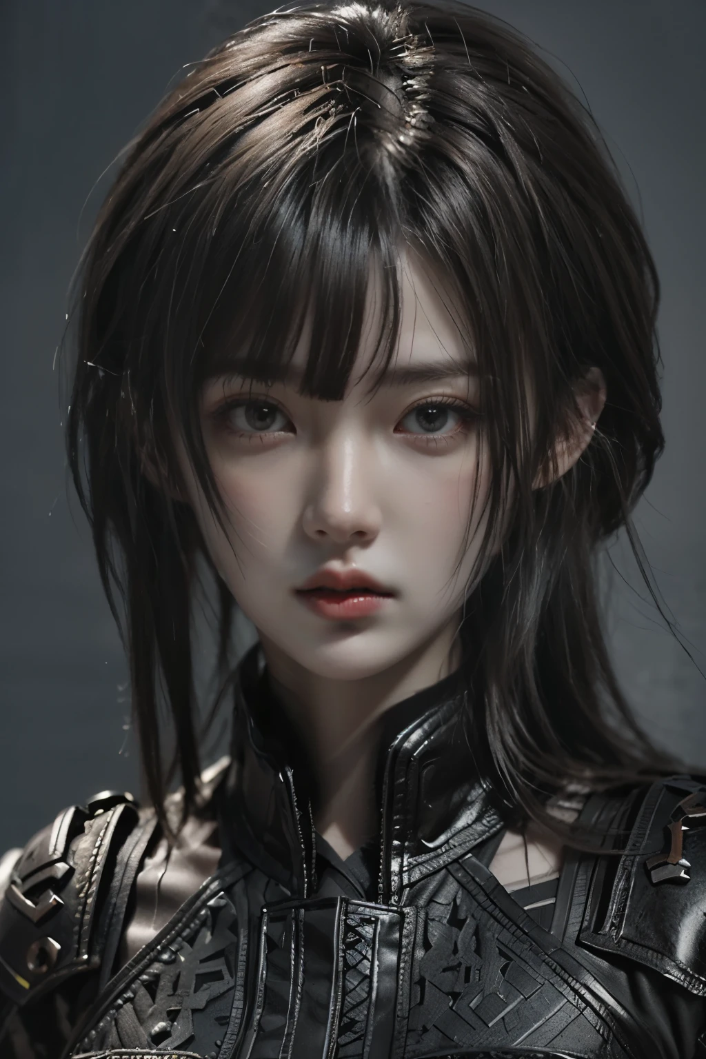 Game art，The best picture quality，Highest resolution，8K，(A bust photograph)，(Portrait:1.5)，(Head close-up)，(Rule of thirds)，Unreal Engine 5 rendering works， (The Girl of the Future)，(Female Warrior)， 
20岁少女，An eye rich in detail，(Big breasts)，优雅高贵，冷漠，勇敢的，
(Future style combat suit combining the characteristics of ancient armor，Ancient runes of light，Combat accessories with rich details，Metallic luster)，Future police，赛博朋克人物，

拍照姿势，简单背景，Movie lights，Ray tracing，Game CG，((3D Unreal Engine))，oc渲染反射纹