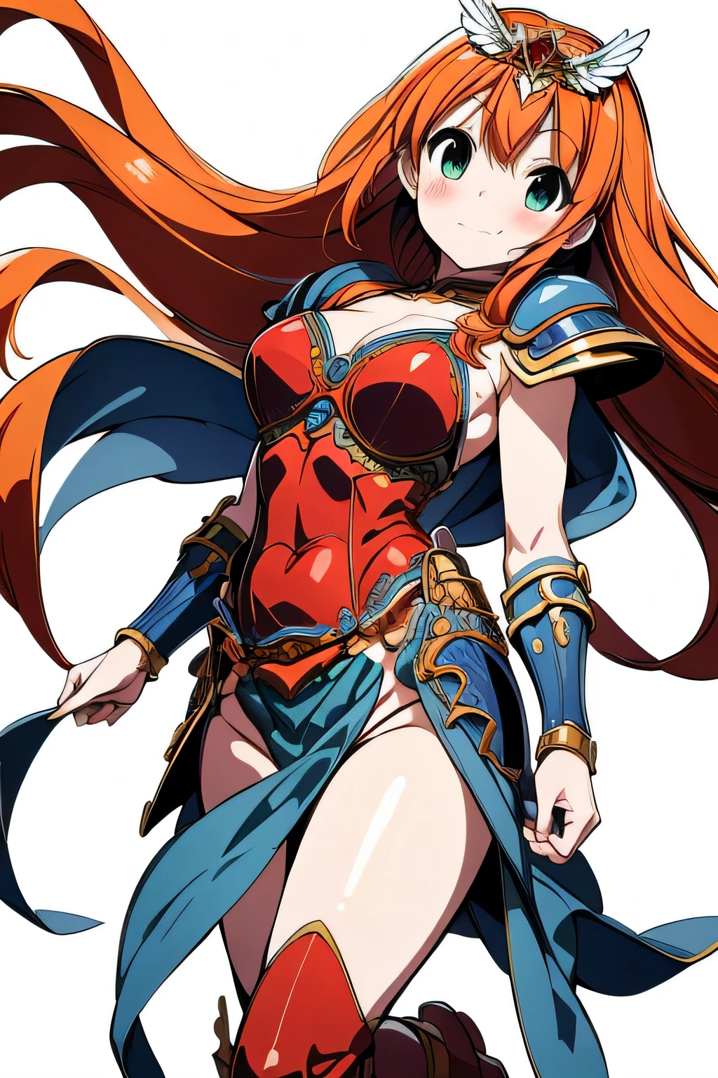 (masterpiece, highest quality:1.2),Lucia,1 girl,alone,green eyes,orange hair,very long hair,red armor dress,cowboy shot,wing tiara,((groin armor panel)),((blue waist armor)),blue shoulder armor,(blue cuff),blue knee boots,pauldron,blue armor belt,with a sword