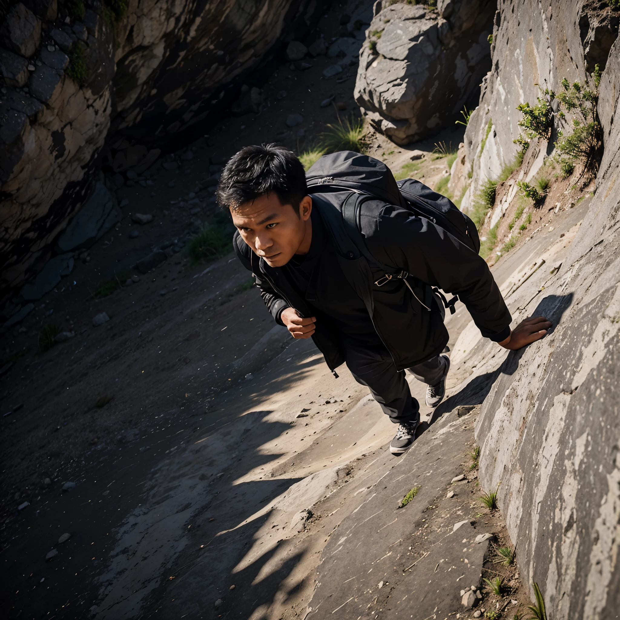 an Indonesian man, short hair, wearing a black jacket, carrying a backpack, black trousers, climbing a mountain, realistic, HD