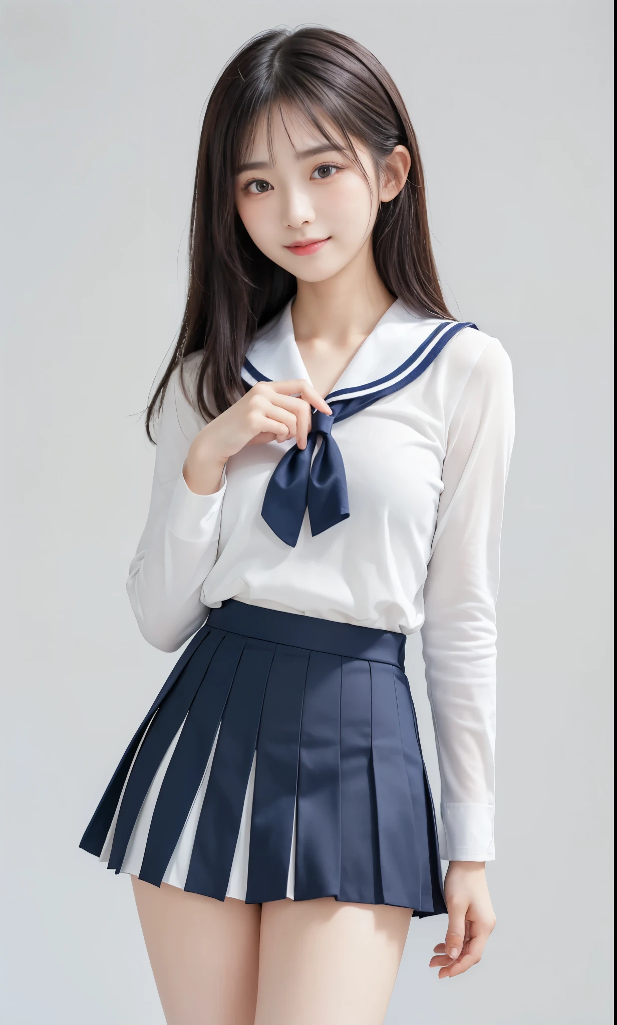 (super highest quality、ultra high resolution、８ｋ、masterpiece:1.3)、beautiful woman with perfect figure:1.4、black hair、school uniform、((sailor suit))、(((((((no background))))))、cute、highly detailed face and skin、fine eyes、double eyelid、thin legs、best smile、(((alone)))、best smile、extraordinary beauty、age is ************、perfect proportions、（(raise your index finger)）、tilt your face slightly、unparalleled beauty、navy blue skirt、pleated skirt、mini skirt,(pure white background）、、lift the skirt、white pants