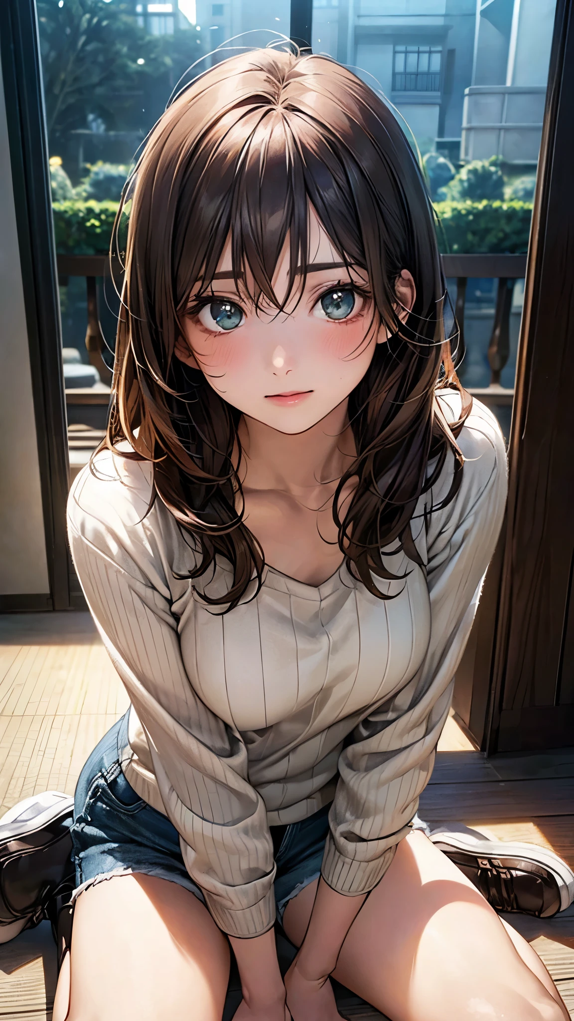 (masterpiece:1.2, top-quality), (realistic, photorealistic:1.4), beautiful illustration, (natural side lighting, movie lighting), nsfw,
looking at viewer, (face focus, upper body), 1 girl, japanese, high school girl, s old, perfect face, cute and symmetrical face, shiny skin,
(long hair:1.2, messy hair, sideburns, flipped hair, light brown hair), hair between eyes, dark green eyes, long eye lasher, (medium breasts), slender,
beautiful hair, beautiful face, beautiful detailed eyes, beautiful clavicle, beautiful body, beautiful chest, beautiful thigh, beautiful legs, beautiful fingers,
(light gray sweater, denim shorts),
(beautiful scenery), night, (girl's room), wariza, sitting, leaning forward, (lamentation),