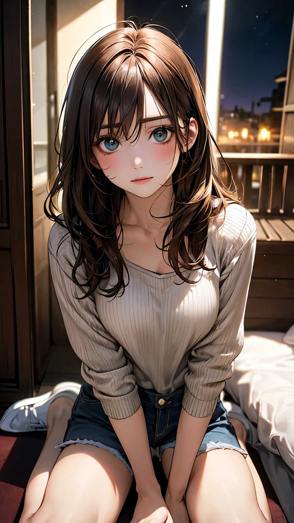 (masterpiece:1.2, top-quality), (realistic, photorealistic:1.4), beautiful illustration, (natural side lighting, movie lighting), nsfw,
looking at viewer, (face focus, upper body), 1 girl, japanese, high school girl, 15 years old, perfect face, cute and symmetrical face, shiny skin,
(long hair:1.2, messy hair, sideburns, flipped hair, light brown hair), hair between eyes, dark green eyes, long eye lasher, (medium breasts), slender,
beautiful hair, beautiful face, beautiful detailed eyes, beautiful clavicle, beautiful body, beautiful chest, beautiful thigh, beautiful legs, beautiful fingers,
(light gray sweater, denim shorts),
(beautiful scenery), night, (girl's room), wariza, sitting, leaning forward, (lamentation),