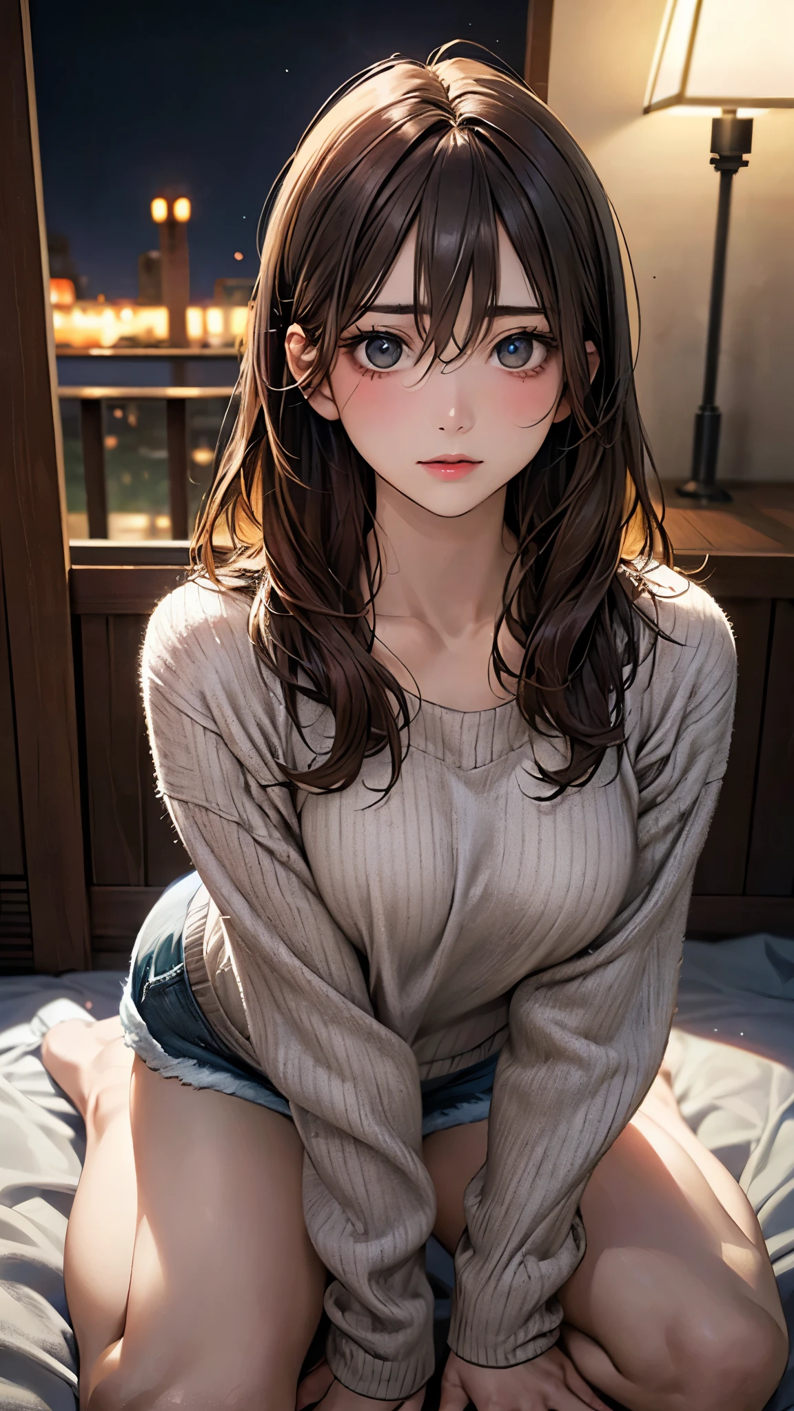(masterpiece:1.2, top-quality), (realistic, photorealistic:1.4), beautiful illustration, (natural side lighting, movie lighting), nsfw,
looking at viewer, (face focus, upper body), 1 girl, japanese, high school girl, 15 years old, perfect face, cute and symmetrical face, shiny skin,
(long hair:1.2, messy hair, sideburns, flipped hair, light brown hair), hair between eyes, dark green eyes, long eye lasher, (medium breasts), slender,
beautiful hair, beautiful face, beautiful detailed eyes, beautiful clavicle, beautiful body, beautiful chest, beautiful thigh, beautiful legs, beautiful fingers,
(light gray sweater, denim shorts),
(beautiful scenery), night, (girl's room), wariza, sitting, leaning forward, (lamentation),