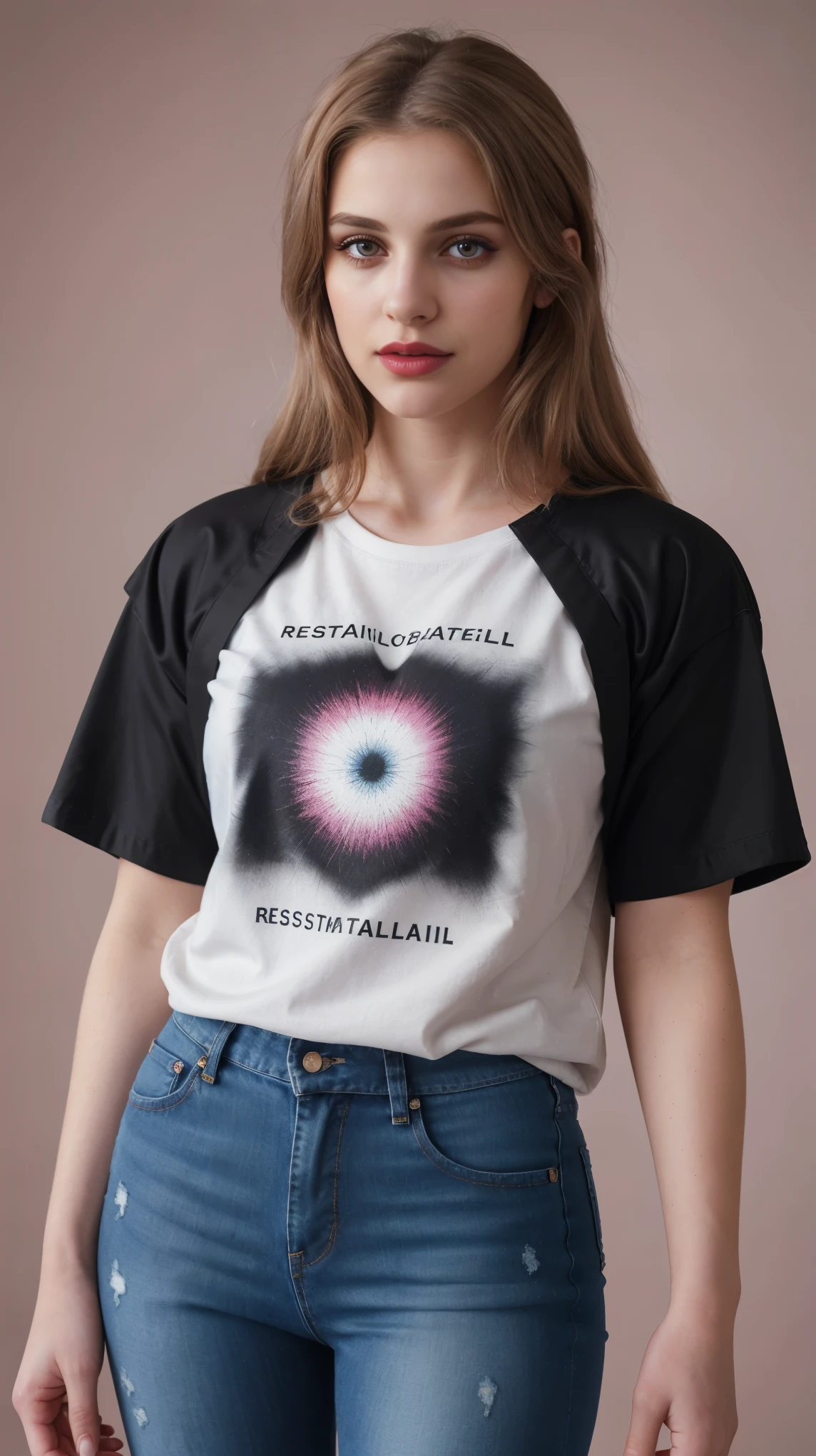 Blond brown hair, (RAW photo), (realism: 1.8), (gloss red lipstick, many eyelashes, dark black eye shadow, shy, blushing, high quality, high resolution, depth of field, chromatic aberration, caustic, wide light, pastel glossy skin, (21 year old woman), smartwatch, smartphone, stylish college girl, jeans t-shirt, lots of exposure, pose, visible 8k resolutions,