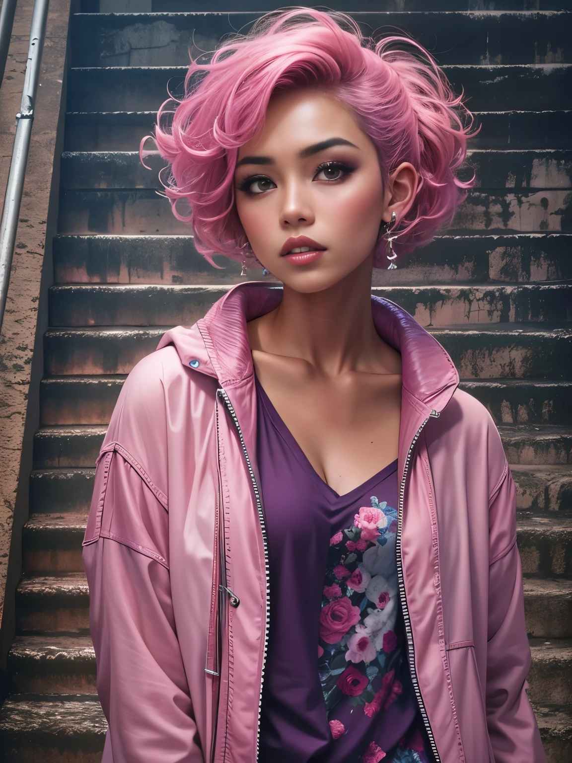 photorealistic, high resolution, 1 beautiful female, malay beauty, curly short hairstyle, pink hair, grunge streetwear, background mall stairway, dynamic pose, dramatic, chromatic aberration.