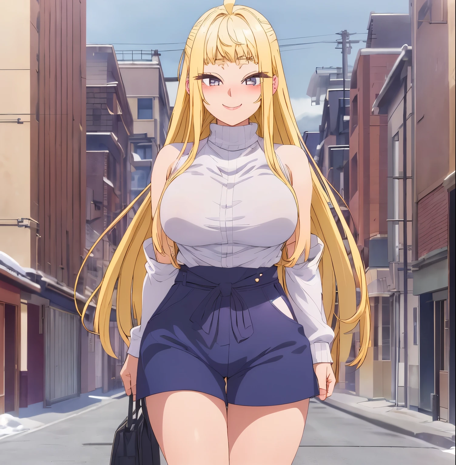 , 1 girl, ahoge, alone, Minami Fuyuki, blonde hair, long hair, purple eyes, looking at viewer, smile, (blush on nose: 1.2), white blouse, turtleneck blouse, sleeveless, tight black jeans , outdoor, street, walking, thick thighs, nsfw, (from below: 1.2), uncensored, ,(high resolution: 1.2), (ultra detailed: 1.2), [high dynamic range lighting], (masterpiece: 1.3), (best quality), high quality intricate details, (extremely detailed CG unity 8k wallpaper : 1.2), best shadow, (extremely detailed fine touch: 1.2), (high resolution), (4k), (pixiv), perfect face, pretty eyes and face, (super detailed), detailed face and eyes, textured skin, absurd, high resolution, deep skin, perfect anatomy, perfect hands, big breasts, medium waist, wide hips, medium thighs