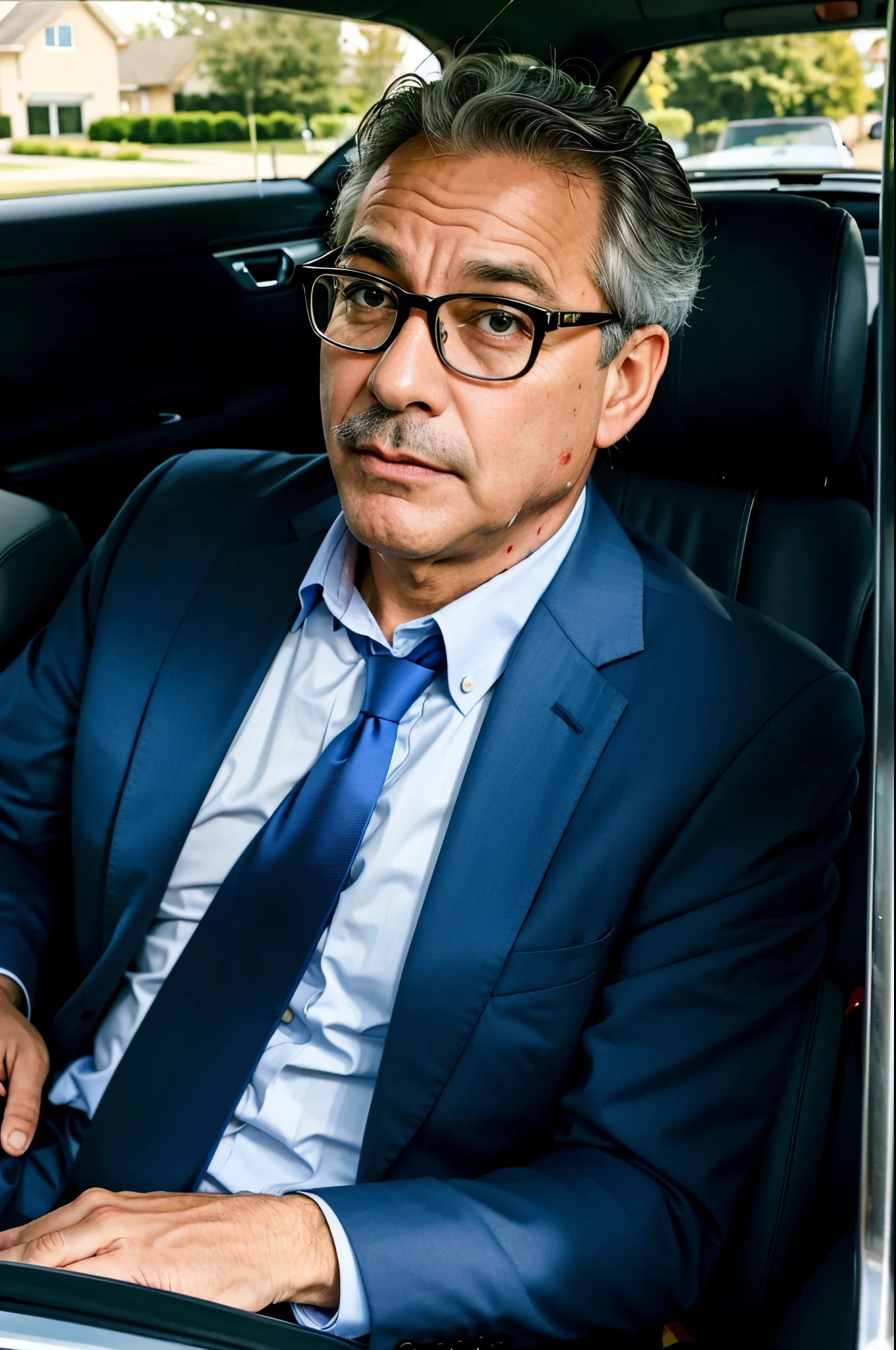  (best quality), full body shot, a (handsome) middle-aged man riding alone n the ((back seat of a black convertible)) is bent over in his seat and ((bleeding profusely)), he has a pained expression on his face, he has grey hair with a touch of brown and a (small) moustache, wearing glasses and a blue suit, facing viewer, sunny day, intense detail, extremely realistic